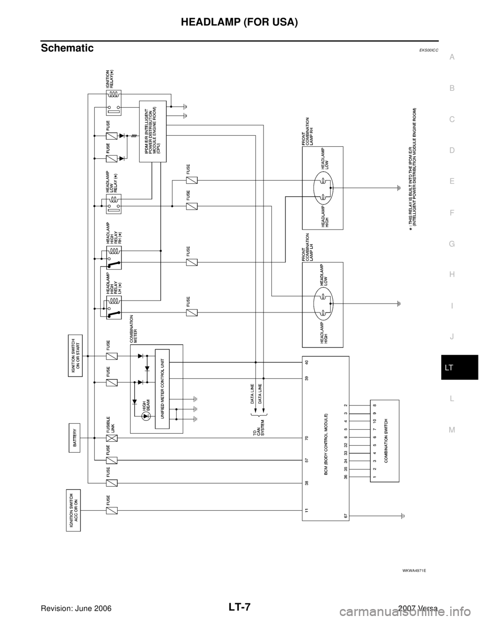 NISSAN VERSA 2006  Workshop  Service Repair Manual HEADLAMP (FOR USA)
LT-7
C
D
E
F
G
H
I
J
L
MA
B
LT
Revision: June 20062007 Versa
SchematicEKS00ICC
WKWA4971E 