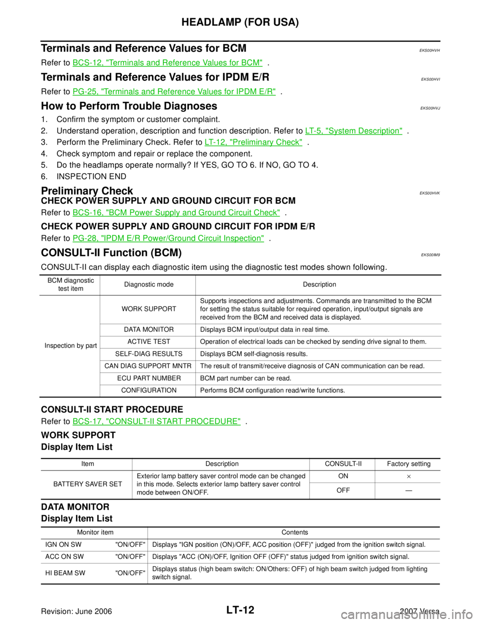 NISSAN VERSA 2006  Workshop  Service Repair Manual LT-12
HEADLAMP (FOR USA)
Revision: June 20062007 Versa
Terminals and Reference Values for BCMEKS00HVH
Refer to BCS-12, "Terminals and Reference Values for BCM"  .
Terminals and Reference Values for IP