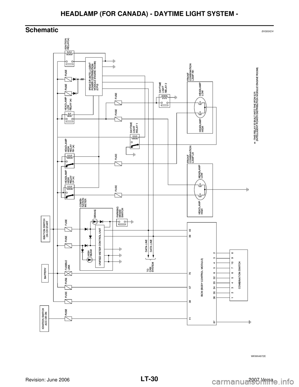 NISSAN VERSA 2006  Workshop  Service Repair Manual LT-30
HEADLAMP (FOR CANADA) - DAYTIME LIGHT SYSTEM -
Revision: June 20062007 Versa
SchematicEKS00ICH
WKWA4972E 