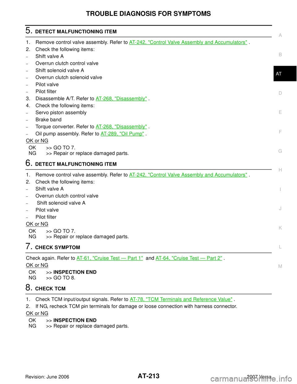 NISSAN VERSA 2006  Workshop  Service Repair Manual TROUBLE DIAGNOSIS FOR SYMPTOMS
AT-213
D
E
F
G
H
I
J
K
L
MA
B
AT
Revision: June 20062007 Versa
5. DETECT MALFUNCTIONING ITEM
1. Remove control valve assembly. Refer to AT-242, "
Control Valve Assembly 