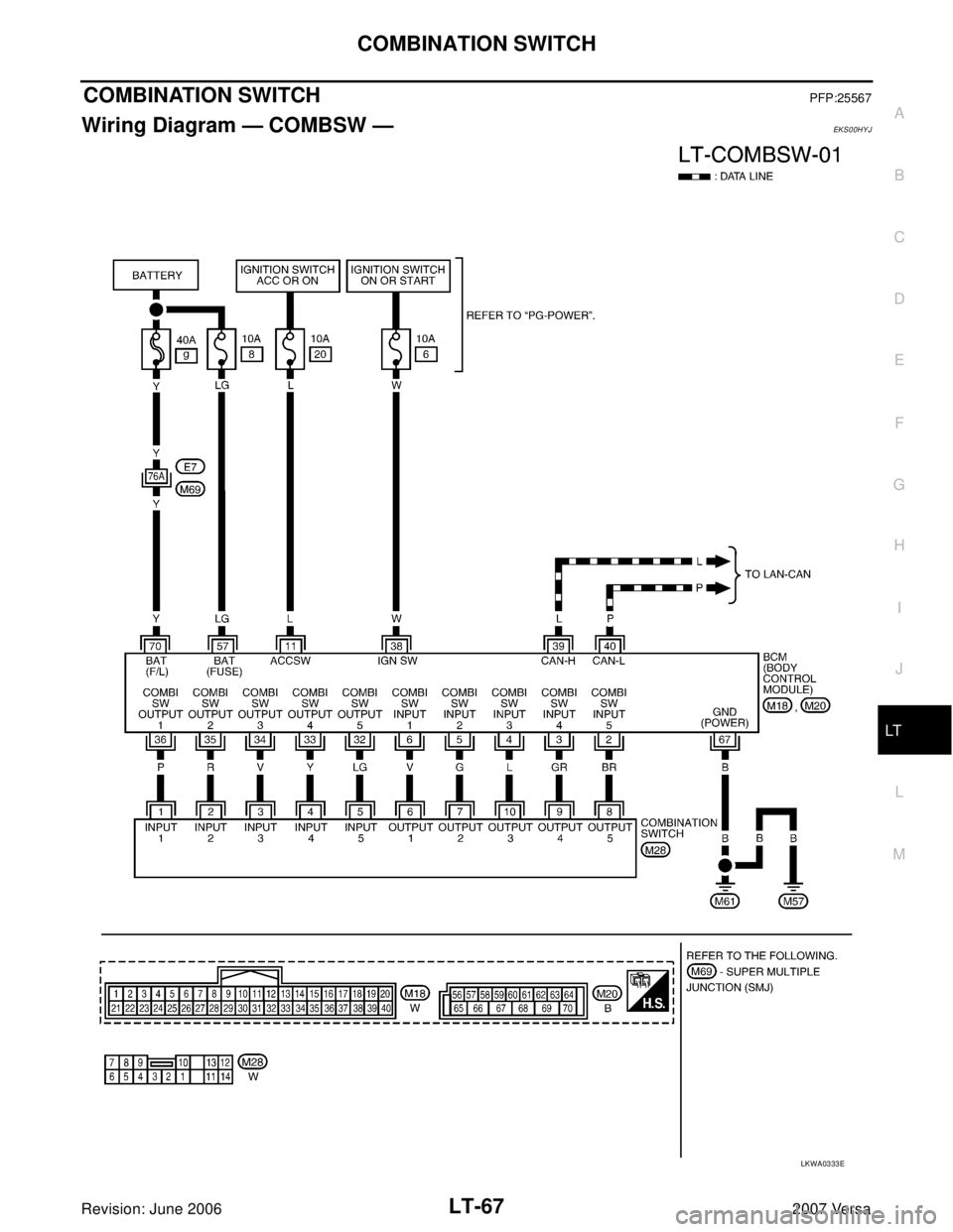 NISSAN VERSA 2006  Workshop  Service Repair Manual COMBINATION SWITCH
LT-67
C
D
E
F
G
H
I
J
L
MA
B
LT
Revision: June 20062007 Versa
COMBINATION SWITCHPFP:25567
Wiring Diagram — COMBSW —EKS00HYJ
LKWA0333E 