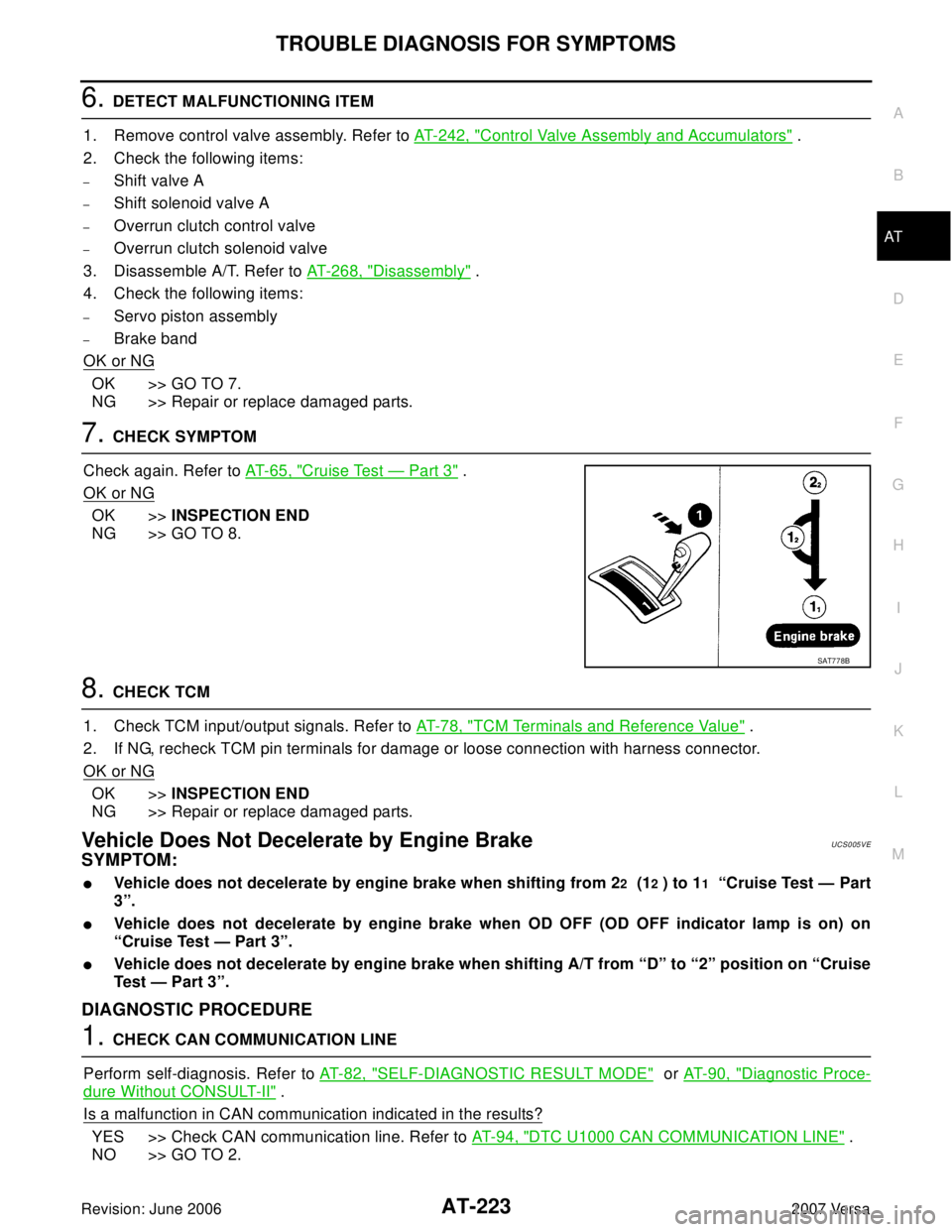 NISSAN VERSA 2006  Workshop  Service Repair Manual TROUBLE DIAGNOSIS FOR SYMPTOMS
AT-223
D
E
F
G
H
I
J
K
L
MA
B
AT
Revision: June 20062007 Versa
6. DETECT MALFUNCTIONING ITEM
1. Remove control valve assembly. Refer to AT-242, "
Control Valve Assembly 