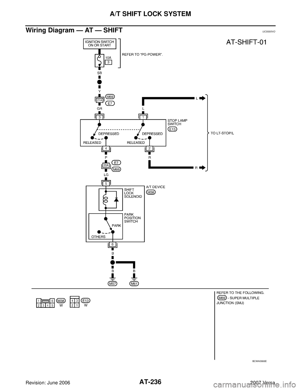 NISSAN VERSA 2006  Workshop  Service Repair Manual AT-236
A/T SHIFT LOCK SYSTEM
Revision: June 20062007 Versa
Wiring Diagram — AT — SHIFTUCS005VO
BCWA0666E 