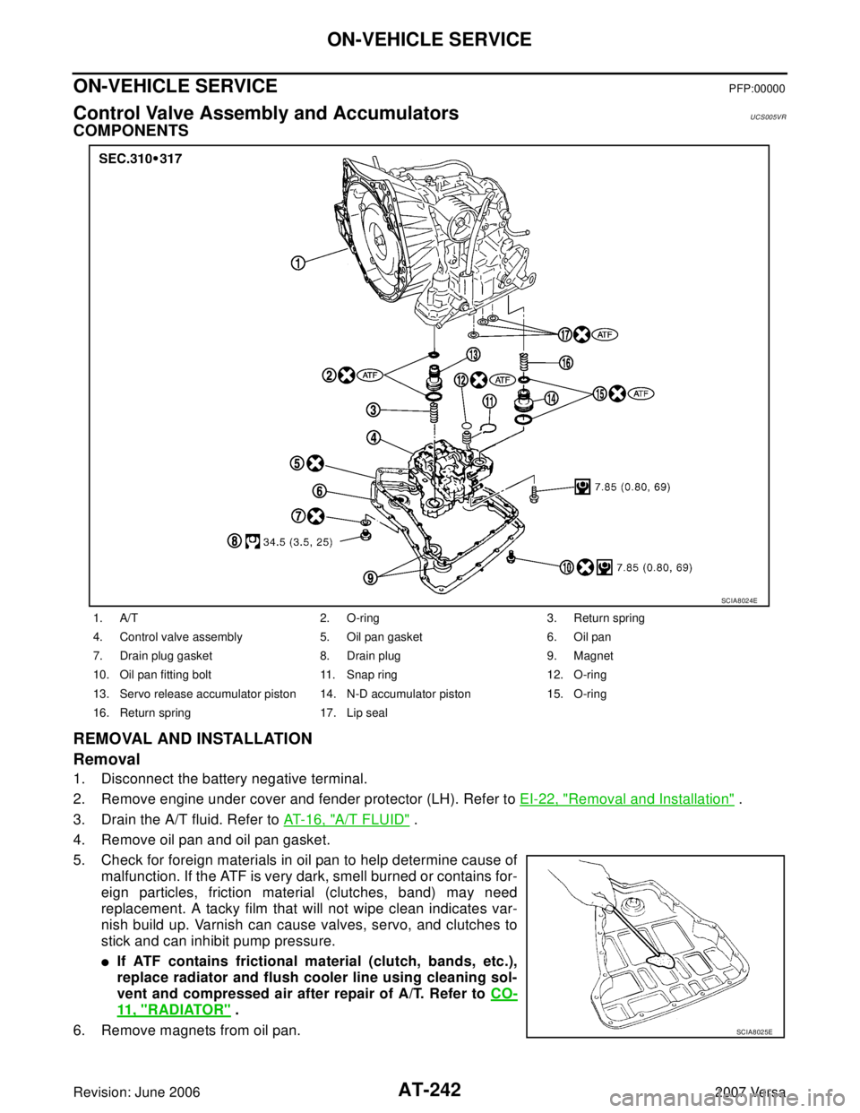 NISSAN VERSA 2006  Workshop  Service Repair Manual AT-242
ON-VEHICLE SERVICE
Revision: June 20062007 Versa
ON-VEHICLE SERVICEPFP:00000
Control Valve Assembly and AccumulatorsUCS005VR
COMPONENTS
REMOVAL AND INSTALLATION
Removal
1. Disconnect the batter