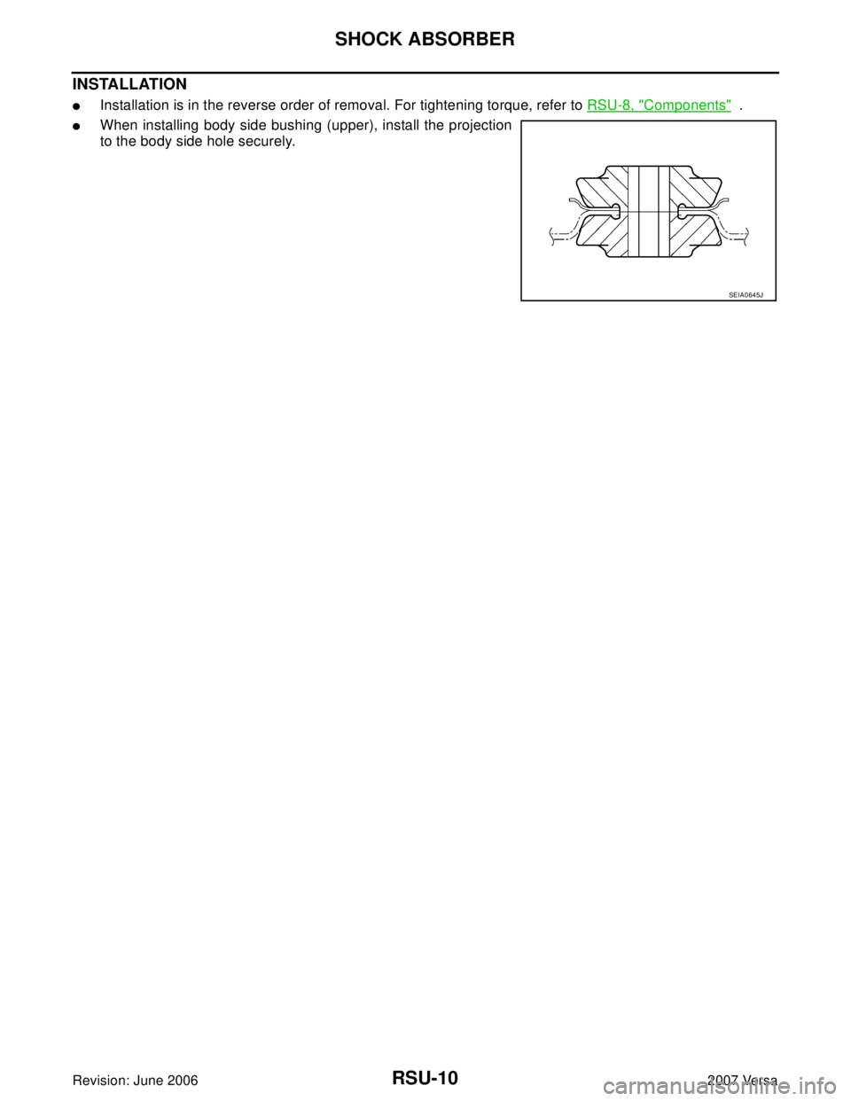 NISSAN VERSA 2006  Workshop  Service Repair Manual RSU-10
SHOCK ABSORBER
Revision: June 20062007 Versa
INSTALLATION
Installation is in the reverse order of removal. For tightening torque, refer to RSU-8, "Components"  .
When installing body side bus