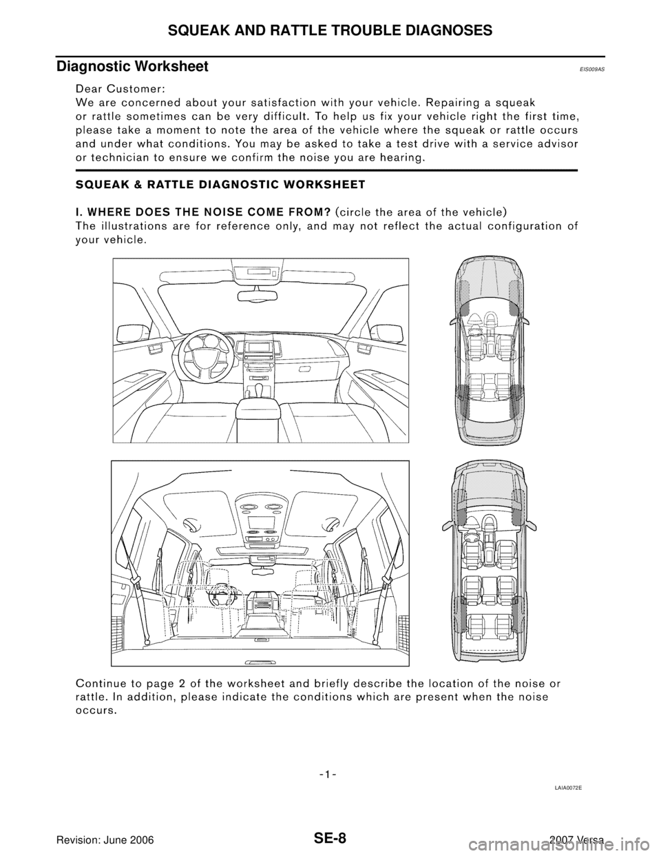 NISSAN VERSA 2006  Workshop  Service Repair Manual SE-8
SQUEAK AND RATTLE TROUBLE DIAGNOSES
Revision: June 20062007 Versa
Diagnostic WorksheetEIS009AS
LAIA0072E 