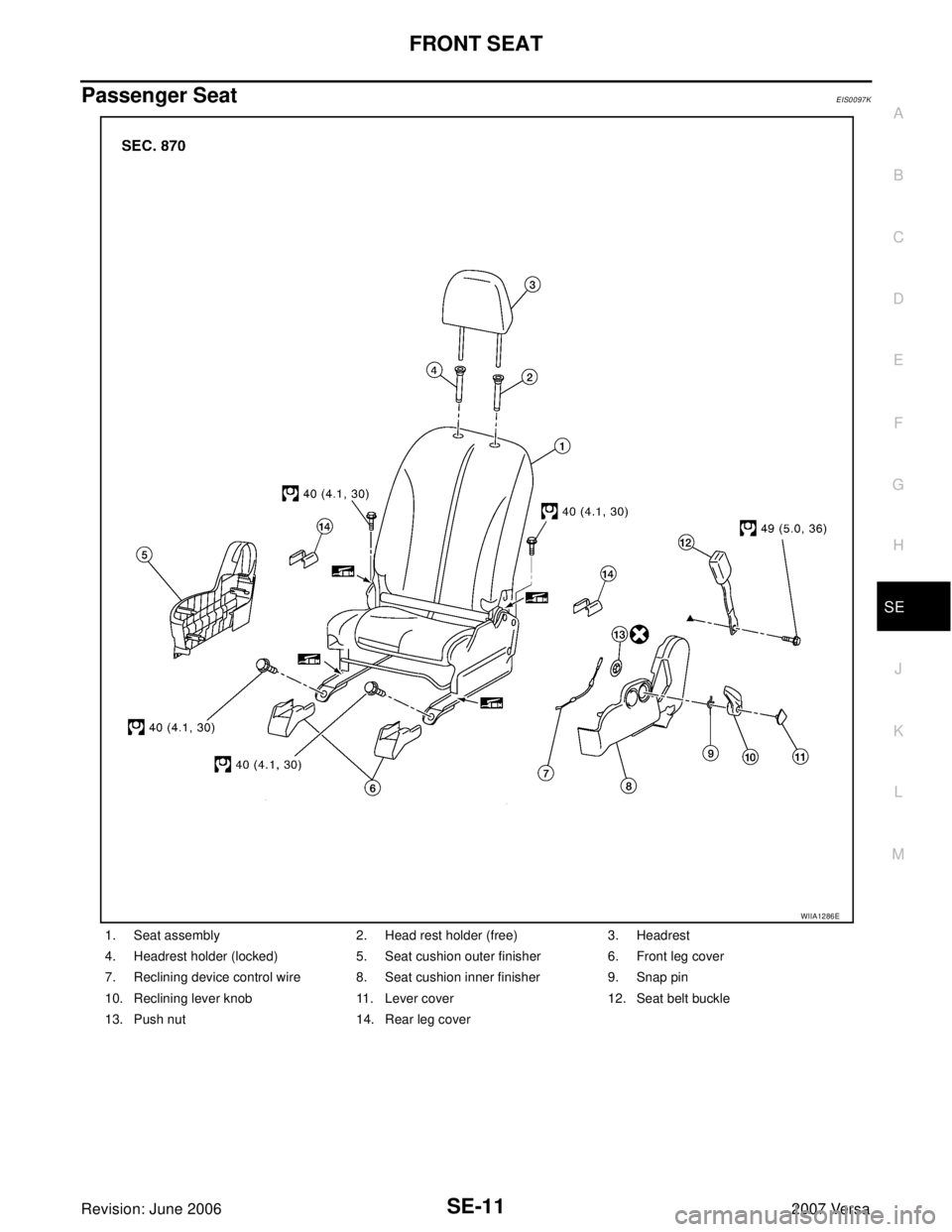 NISSAN VERSA 2006  Workshop  Service Repair Manual FRONT SEAT
SE-11
C
D
E
F
G
H
J
K
L
MA
B
SE
Revision: June 20062007 Versa
Passenger SeatEIS0097K
1. Seat assembly 2. Head rest holder (free) 3. Headrest
4. Headrest holder (locked) 5. Seat cushion oute