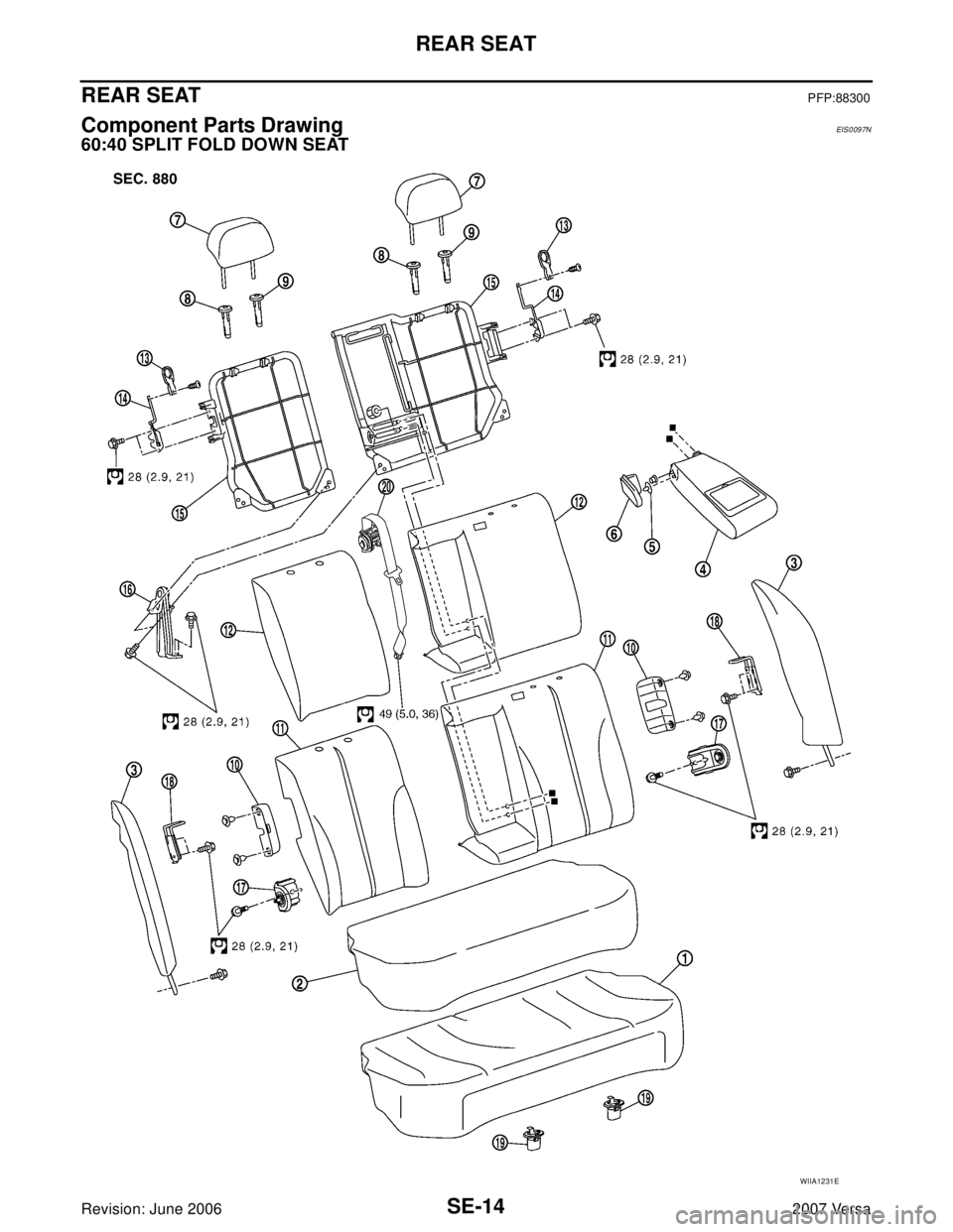 NISSAN VERSA 2006  Workshop  Service Repair Manual SE-14
REAR SEAT
Revision: June 20062007 Versa
REAR SEATPFP:88300
Component Parts DrawingEIS0097N
60:40 SPLIT FOLD DOWN SEAT
WIIA1231E 