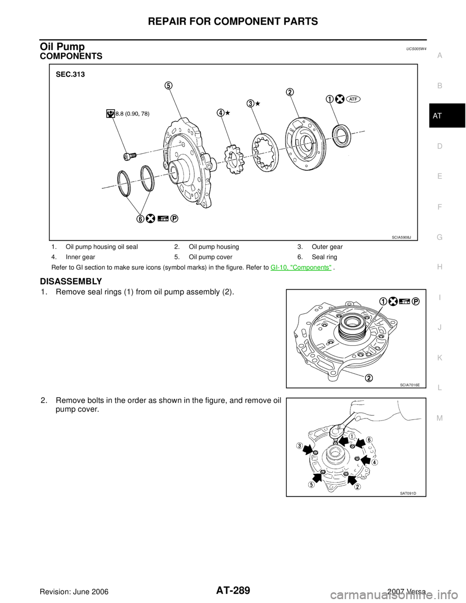 NISSAN VERSA 2006  Workshop  Service Repair Manual REPAIR FOR COMPONENT PARTS
AT-289
D
E
F
G
H
I
J
K
L
MA
B
AT
Revision: June 20062007 Versa
Oil PumpUCS005W 4
COMPONENTS
DISASSEMBLY
1. Remove seal rings (1) from oil pump assembly (2).
2. Remove bolts 