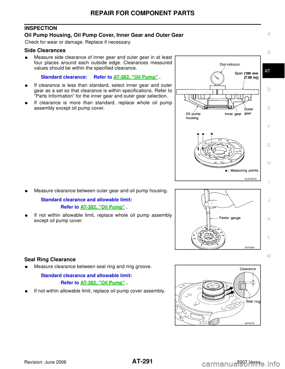 NISSAN VERSA 2006  Workshop  Service Repair Manual REPAIR FOR COMPONENT PARTS
AT-291
D
E
F
G
H
I
J
K
L
MA
B
AT
Revision: June 20062007 Versa
INSPECTION
Oil Pump Housing, Oil Pump Cover, Inner Gear and Outer Gear
Check for wear or damage. Replace if ne