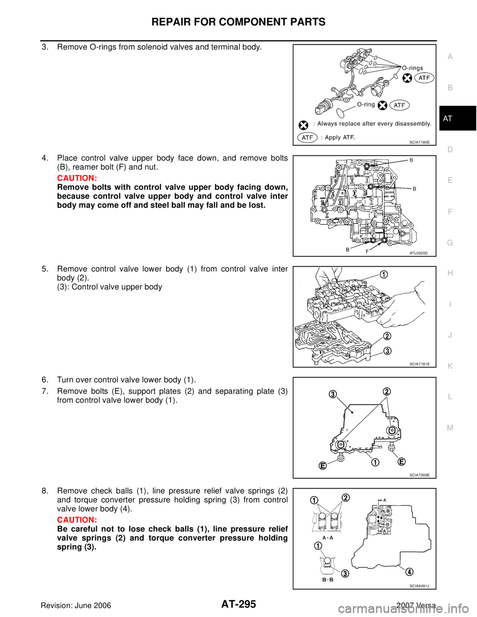 NISSAN VERSA 2006  Workshop  Service Repair Manual REPAIR FOR COMPONENT PARTS
AT-295
D
E
F
G
H
I
J
K
L
MA
B
AT
Revision: June 20062007 Versa
3. Remove O-rings from solenoid valves and terminal body.
4. Place control valve upper body face down, and rem
