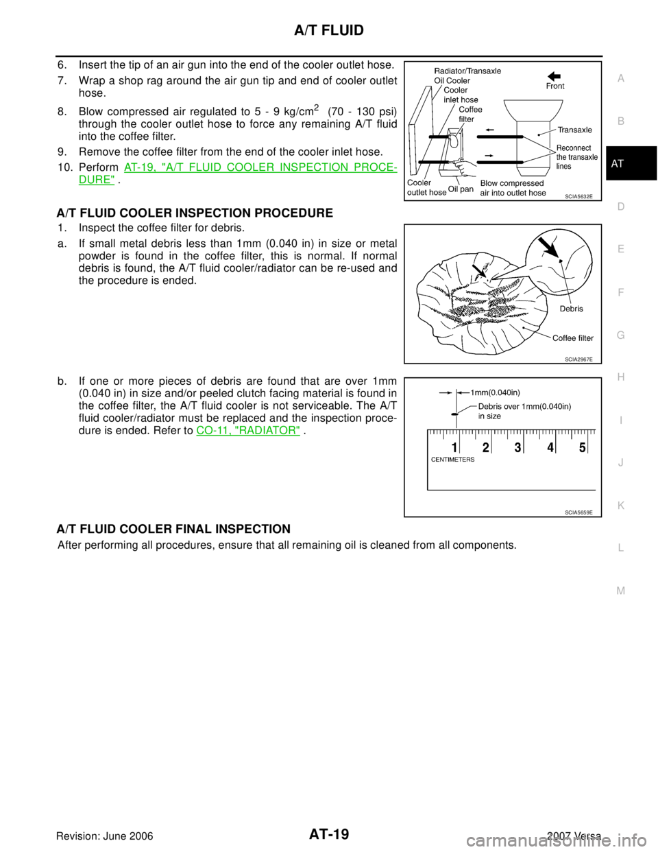 NISSAN VERSA 2006  Workshop  Service Repair Manual A/T FLUID
AT-19
D
E
F
G
H
I
J
K
L
MA
B
AT
Revision: June 20062007 Versa
6. Insert the tip of an air gun into the end of the cooler outlet hose.
7. Wrap a shop rag around the air gun tip and end of coo