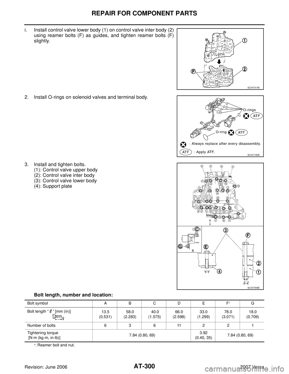 NISSAN VERSA 2006  Workshop  Service Repair Manual AT-300
REPAIR FOR COMPONENT PARTS
Revision: June 20062007 Versa
i. Install control valve lower body (1) on control valve inter body (2)
using reamer bolts (F) as guides, and tighten reamer bolts (F)
s