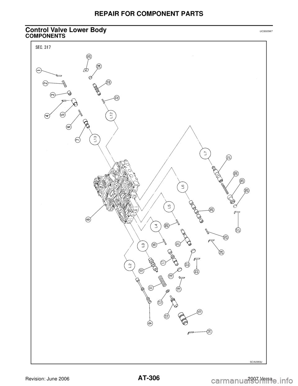NISSAN VERSA 2006  Workshop  Service Repair Manual AT-306
REPAIR FOR COMPONENT PARTS
Revision: June 20062007 Versa
Control Valve Lower BodyUCS005W7
COMPONENTS
SCIA2959J 