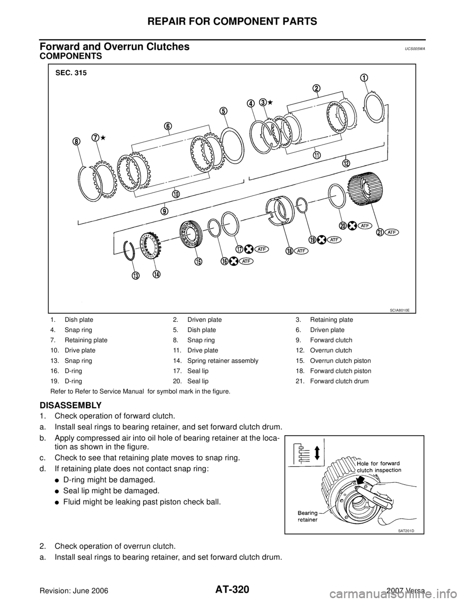 NISSAN VERSA 2006  Workshop  Service Repair Manual AT-320
REPAIR FOR COMPONENT PARTS
Revision: June 20062007 Versa
Forward and Overrun ClutchesUCS005WA
COMPONENTS
DISASSEMBLY
1. Check operation of forward clutch.
a. Install seal rings to bearing retai