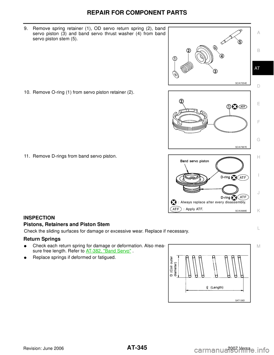 NISSAN VERSA 2006  Workshop  Service Repair Manual REPAIR FOR COMPONENT PARTS
AT-345
D
E
F
G
H
I
J
K
L
MA
B
AT
Revision: June 20062007 Versa
9. Remove spring retainer (1), OD servo return spring (2), band
servo piston (3) and band servo thrust washer 