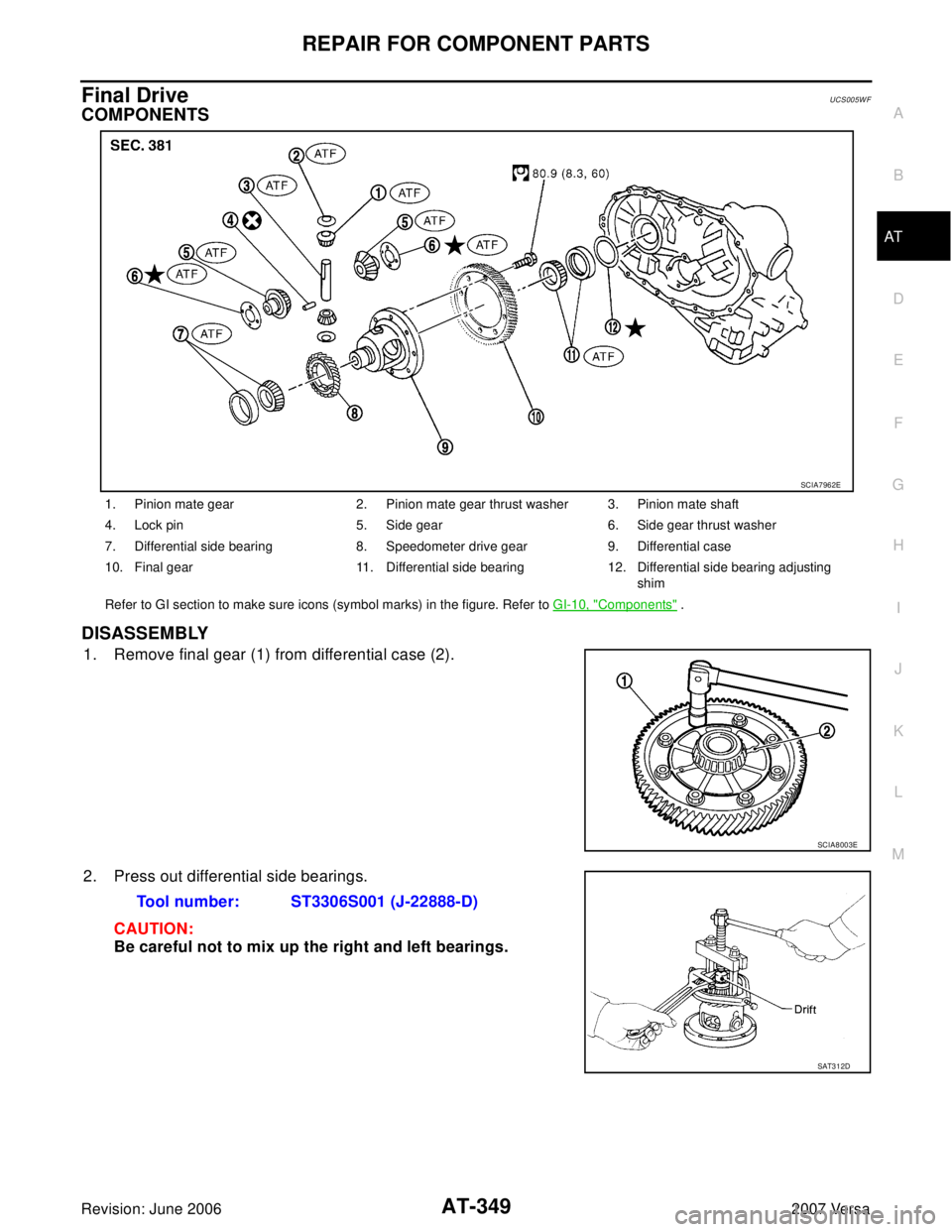 NISSAN VERSA 2006  Workshop  Service Repair Manual REPAIR FOR COMPONENT PARTS
AT-349
D
E
F
G
H
I
J
K
L
MA
B
AT
Revision: June 20062007 Versa
Final DriveUCS005W F
COMPONENTS
DISASSEMBLY
1. Remove final gear (1) from differential case (2).
2. Press out 