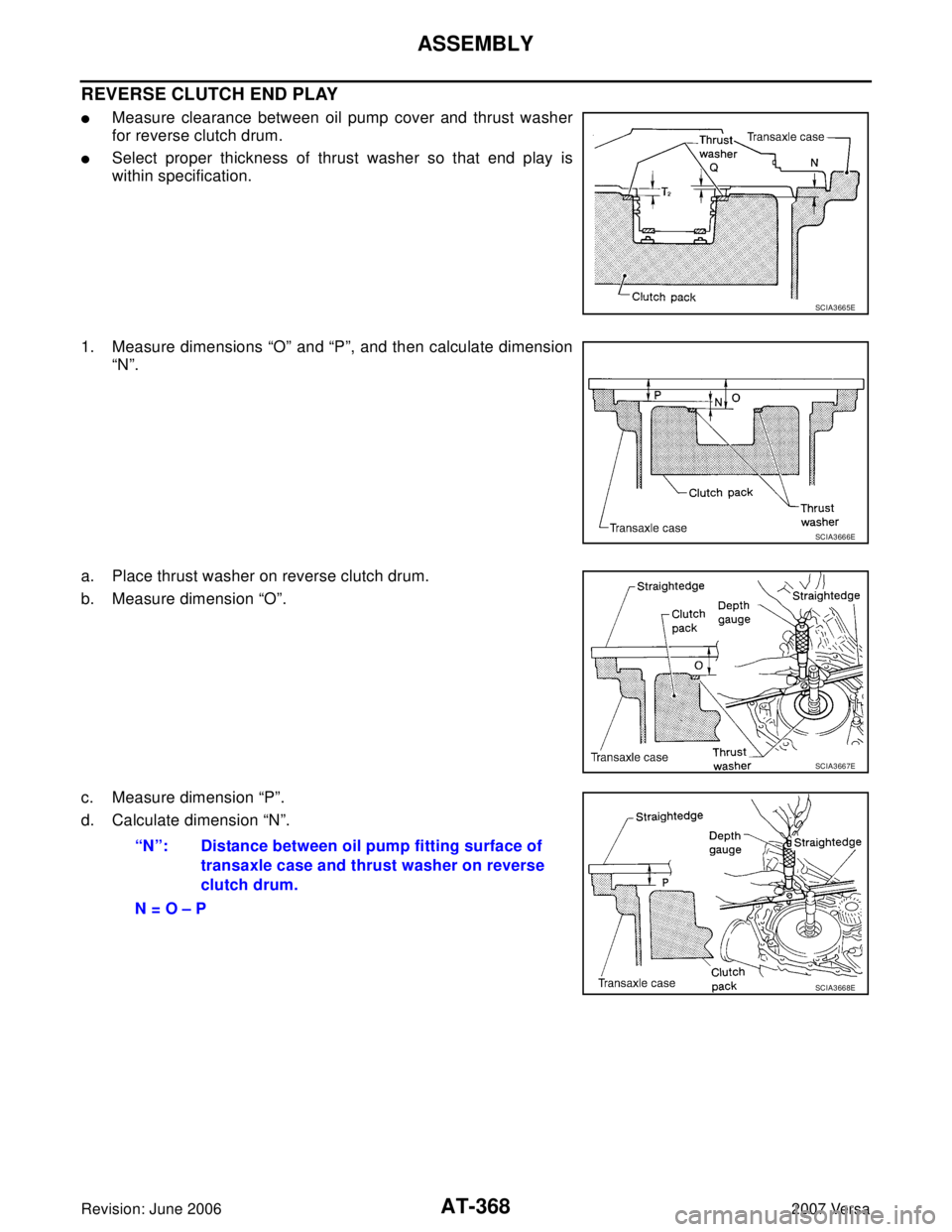 NISSAN VERSA 2006  Workshop  Service Repair Manual AT-368
ASSEMBLY
Revision: June 20062007 Versa
REVERSE CLUTCH END PLAY
Measure clearance between oil pump cover and thrust washer
for reverse clutch drum.
Select proper thickness of thrust washer so 