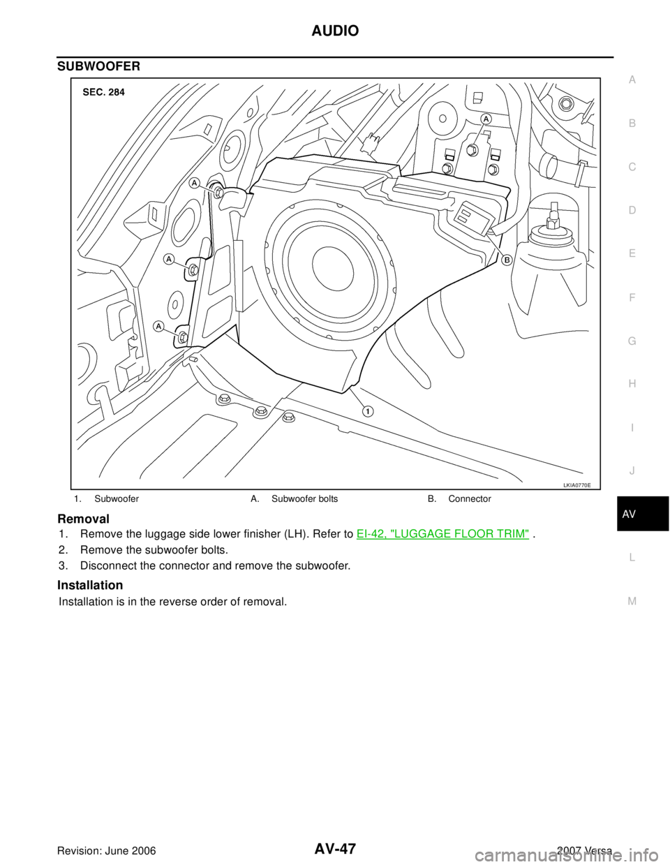 NISSAN VERSA 2006  Workshop  Service Repair Manual AUDIO
AV-47
C
D
E
F
G
H
I
J
L
MA
B
AV
Revision: June 20062007 Versa
SUBWOOFER
Removal
1. Remove the luggage side lower finisher (LH). Refer to EI-42, "LUGGAGE FLOOR TRIM" .
2. Remove the subwoofer bol