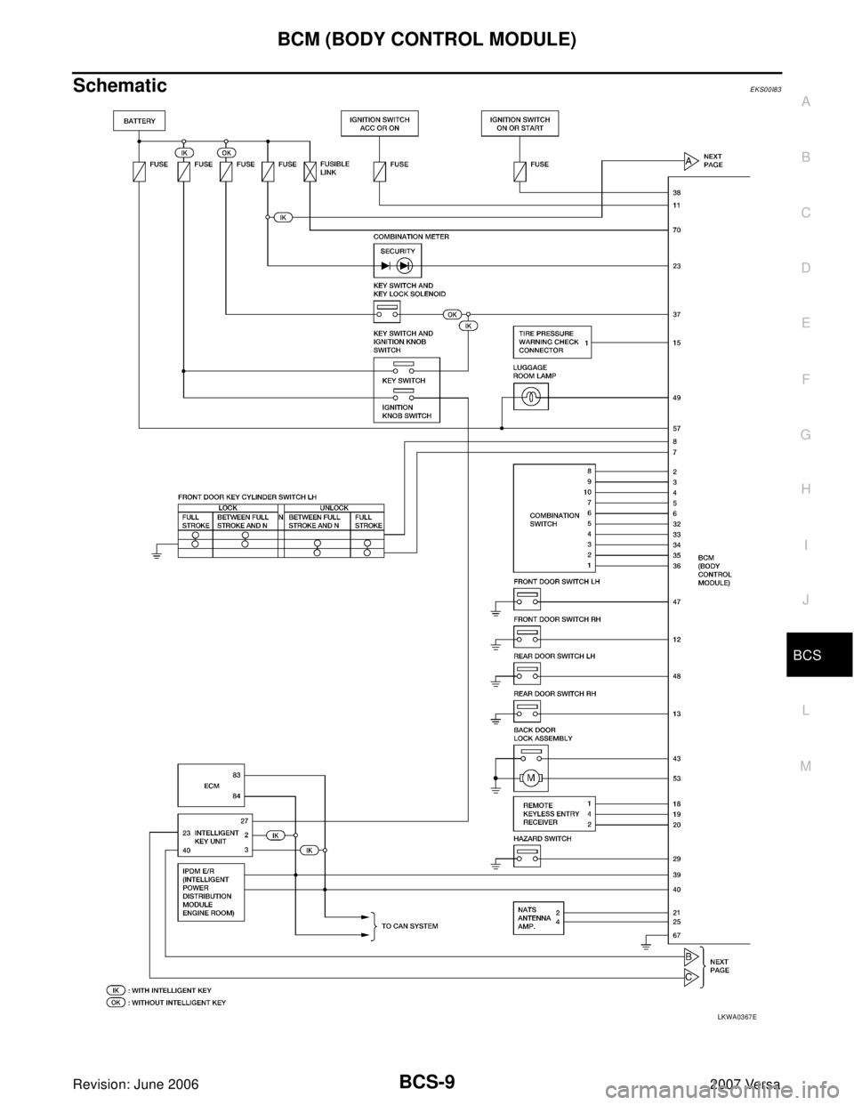 NISSAN VERSA 2006  Workshop  Service Repair Manual BCM (BODY CONTROL MODULE)
BCS-9
C
D
E
F
G
H
I
J
L
MA
B
BCS
Revision: June 20062007 Versa
SchematicEKS00I83
LKWA0367E 