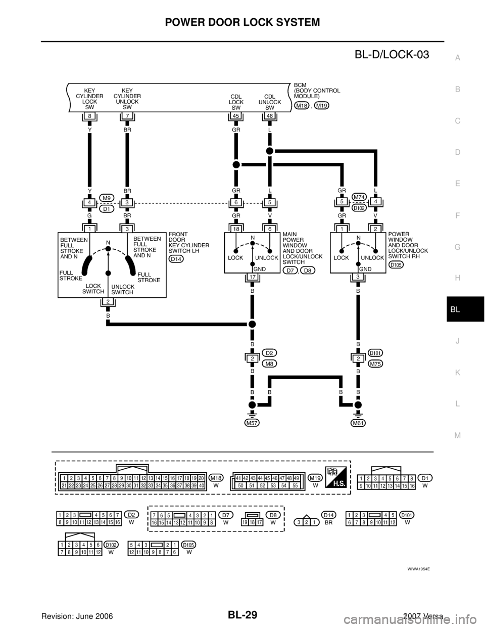 NISSAN VERSA 2006  Workshop  Service Repair Manual POWER DOOR LOCK SYSTEM
BL-29
C
D
E
F
G
H
J
K
L
MA
B
BL
Revision: June 20062007 Versa
WIWA1954E 