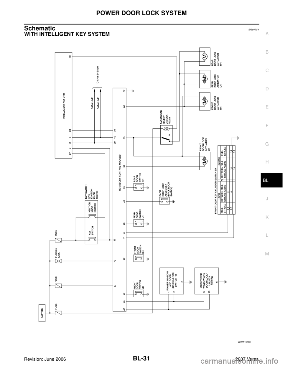 NISSAN VERSA 2006  Workshop  Service Repair Manual POWER DOOR LOCK SYSTEM
BL-31
C
D
E
F
G
H
J
K
L
MA
B
BL
Revision: June 20062007 Versa
SchematicEIS009C4
WITH INTELLIGENT KEY SYSTEM
WIWA1956E 