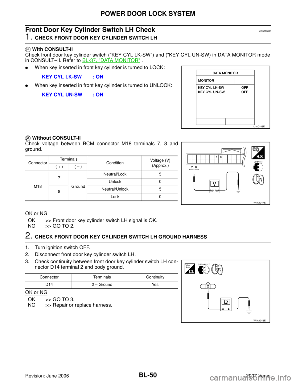 NISSAN VERSA 2006 Workshop Service Repair Manual BL-50
POWER DOOR LOCK SYSTEM
Revision: June 20062007 Versa
Front Door Key Cylinder Switch LH CheckEIS009CC
1. CHECK FRONT DOOR KEY CYLINDER SWITCH LH
With CONSULT-II
Check front door key cylinder swi NISSAN VERSA 2006 Workshop Service Repair Manual BL-50
POWER DOOR LOCK SYSTEM
Revision: June 20062007 Versa
Front Door Key Cylinder Switch LH CheckEIS009CC
1. CHECK FRONT DOOR KEY CYLINDER SWITCH LH
With CONSULT-II
Check front door key cylinder swi
