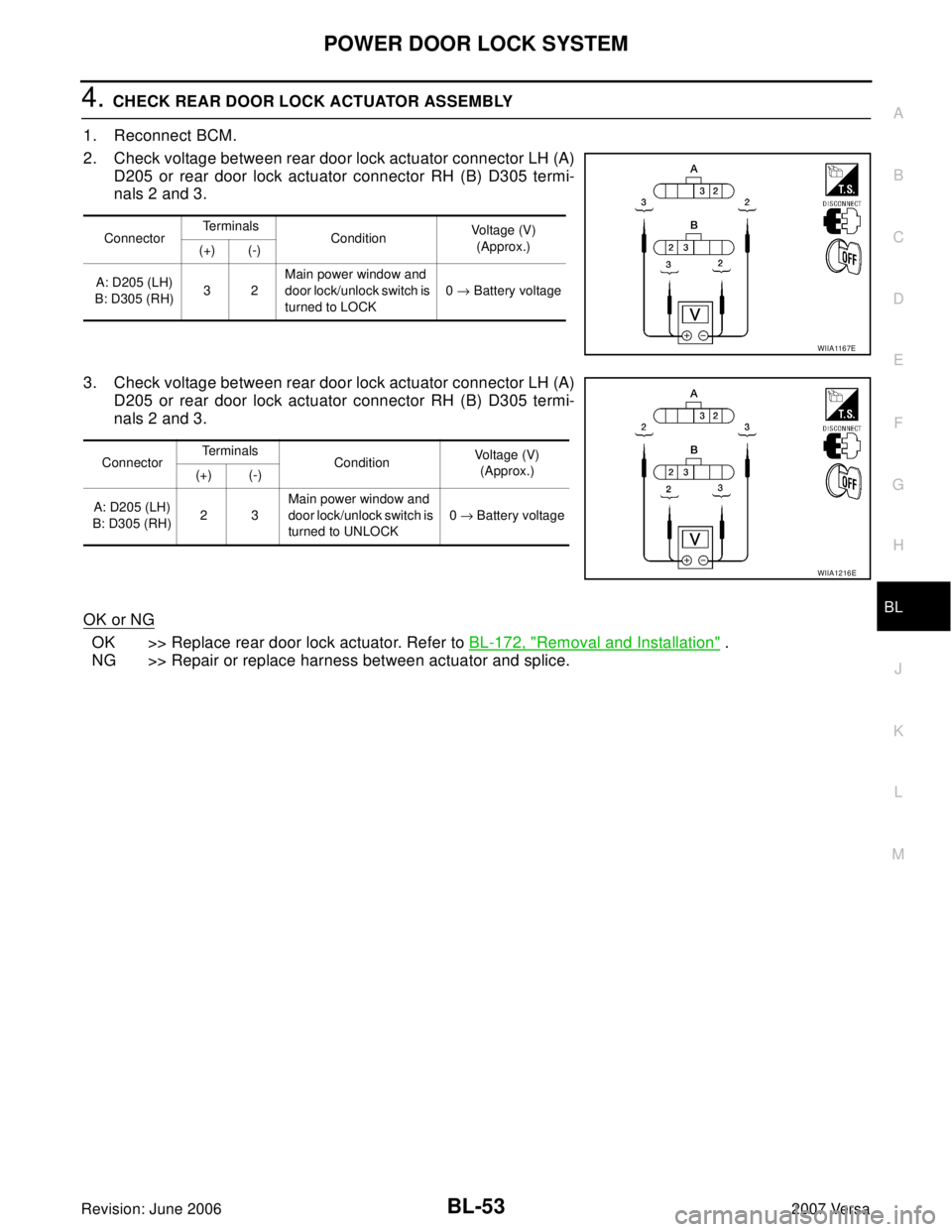 NISSAN VERSA 2006  Workshop  Service Repair Manual POWER DOOR LOCK SYSTEM
BL-53
C
D
E
F
G
H
J
K
L
MA
B
BL
Revision: June 20062007 Versa
4. CHECK REAR DOOR LOCK ACTUATOR ASSEMBLY
1. Reconnect BCM.
2. Check voltage between rear door lock actuator connec