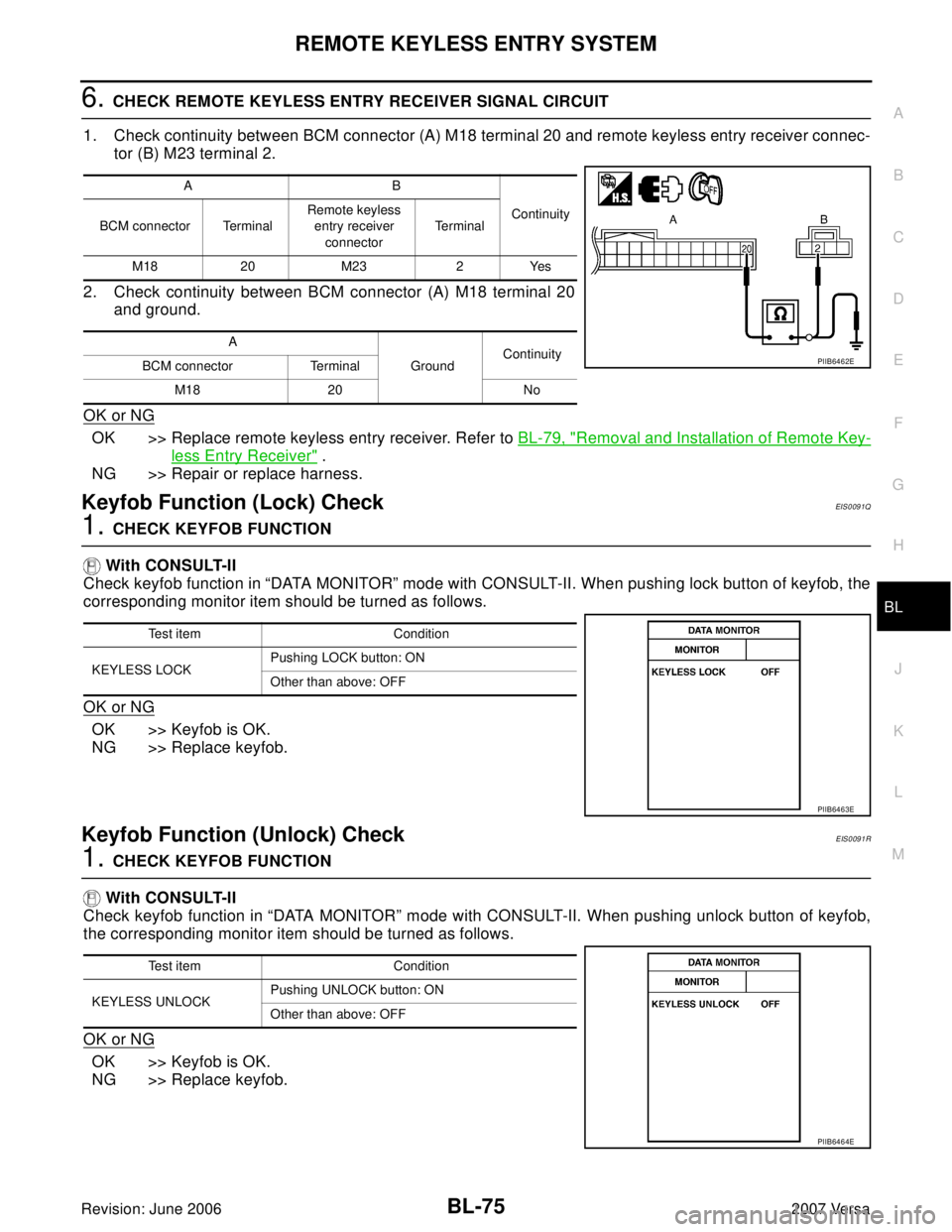 NISSAN VERSA 2006  Workshop  Service Repair Manual REMOTE KEYLESS ENTRY SYSTEM
BL-75
C
D
E
F
G
H
J
K
L
MA
B
BL
Revision: June 20062007 Versa
6. CHECK REMOTE KEYLESS ENTRY RECEIVER SIGNAL CIRCUIT
1. Check continuity between BCM connector (A) M18 termin
