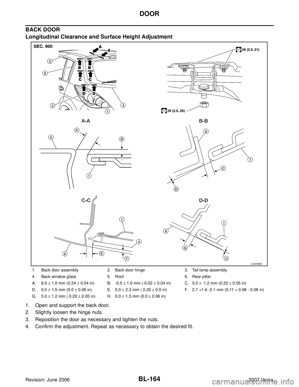 NISSAN VERSA 2006  Workshop  Service Repair Manual BL-164
DOOR
Revision: June 20062007 Versa
BACK DOOR
Longitudinal Clearance and Surface Height Adjustment 
1. Open and support the back door.
2. Slightly loosen the hinge nuts.
3. Reposition the door a