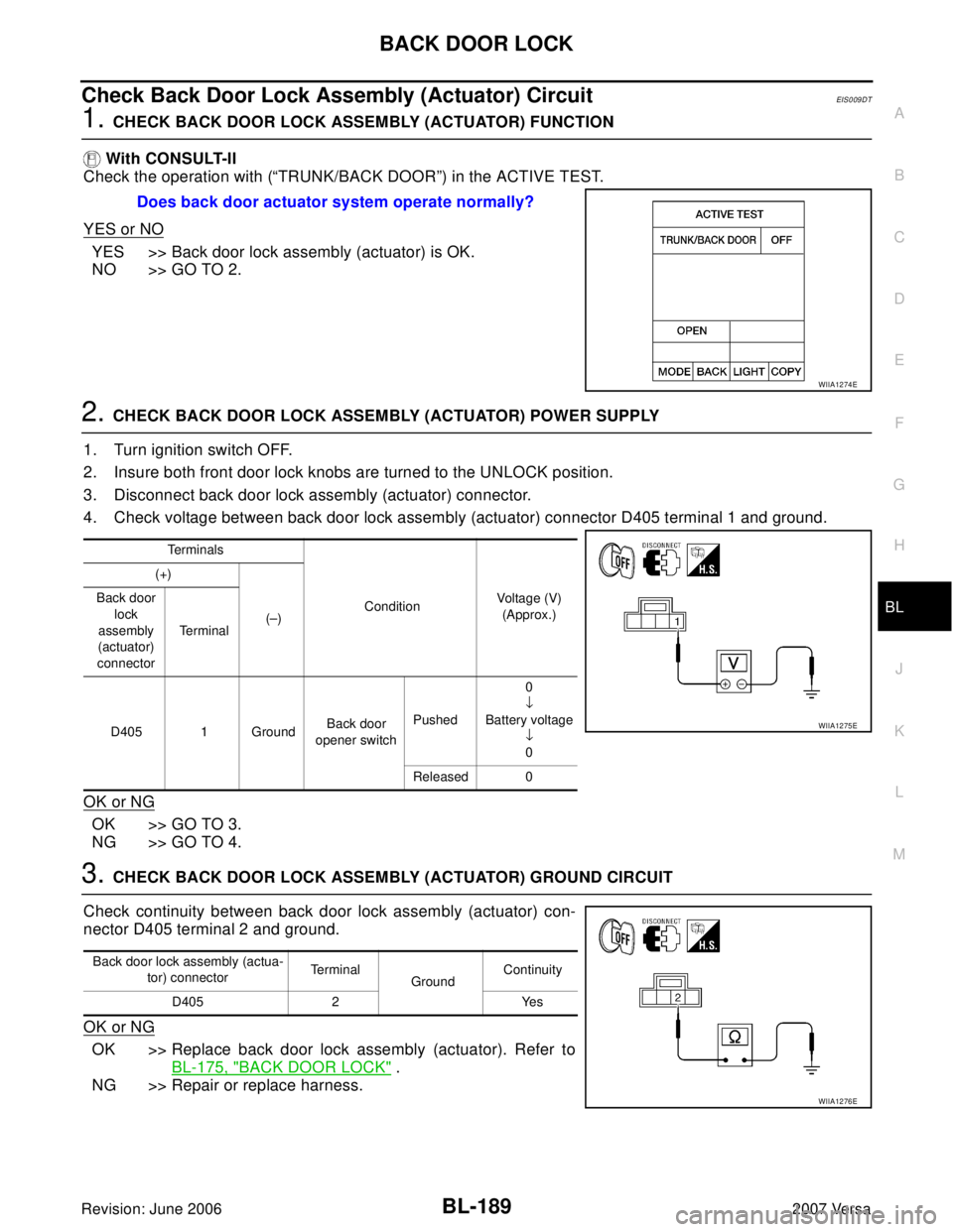 NISSAN VERSA 2006  Workshop  Service Repair Manual BACK DOOR LOCK
BL-189
C
D
E
F
G
H
J
K
L
MA
B
BL
Revision: June 20062007 Versa
Check Back Door Lock Assembly (Actuator) CircuitEIS0 09 DT
1. CHECK BACK DOOR LOCK ASSEMBLY (ACTUATOR) FUNCTION
 With CONS