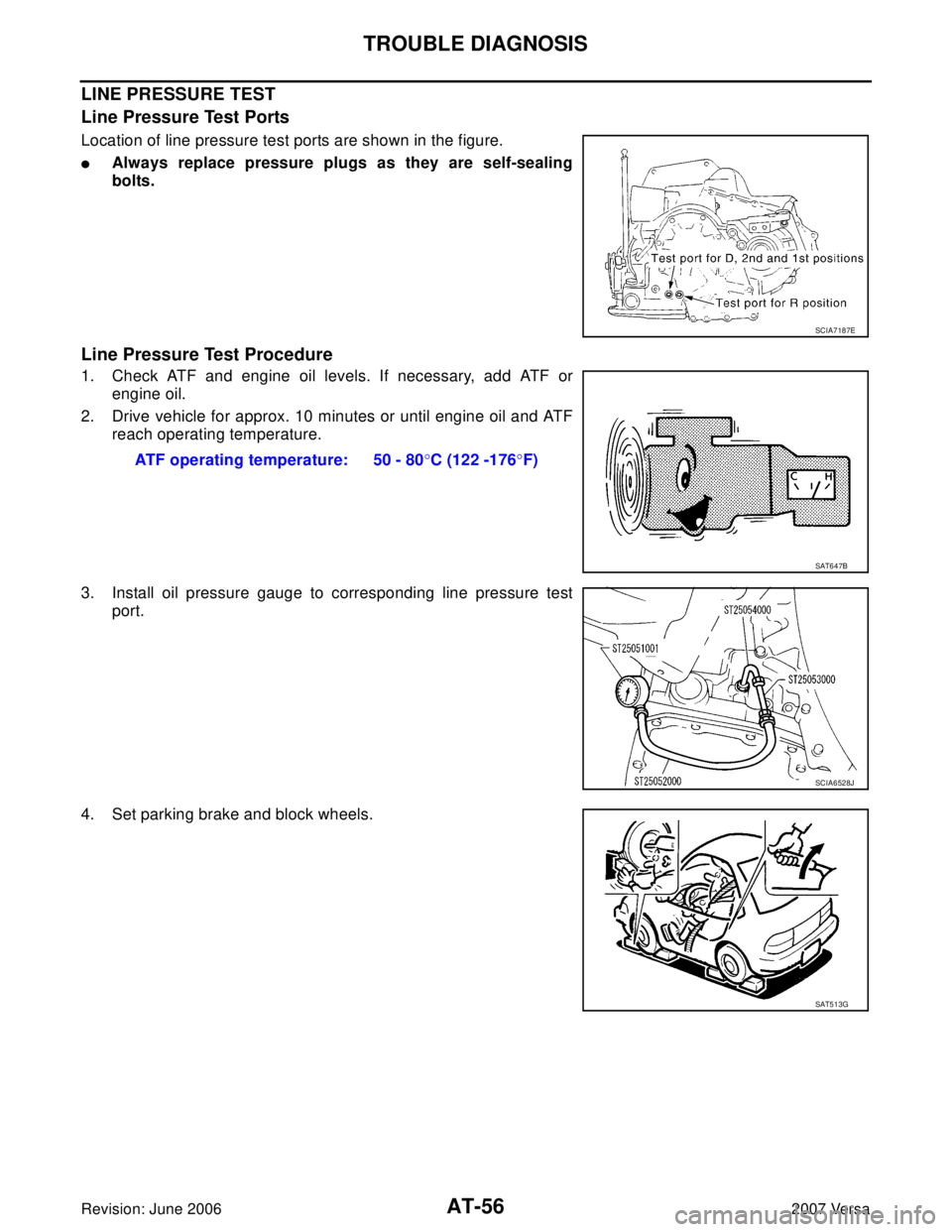 NISSAN VERSA 2006  Workshop  Service Repair Manual AT-56
TROUBLE DIAGNOSIS
Revision: June 20062007 Versa
LINE PRESSURE TEST
Line Pressure Test Ports
Location of line pressure test ports are shown in the figure.
Always replace pressure plugs as they a