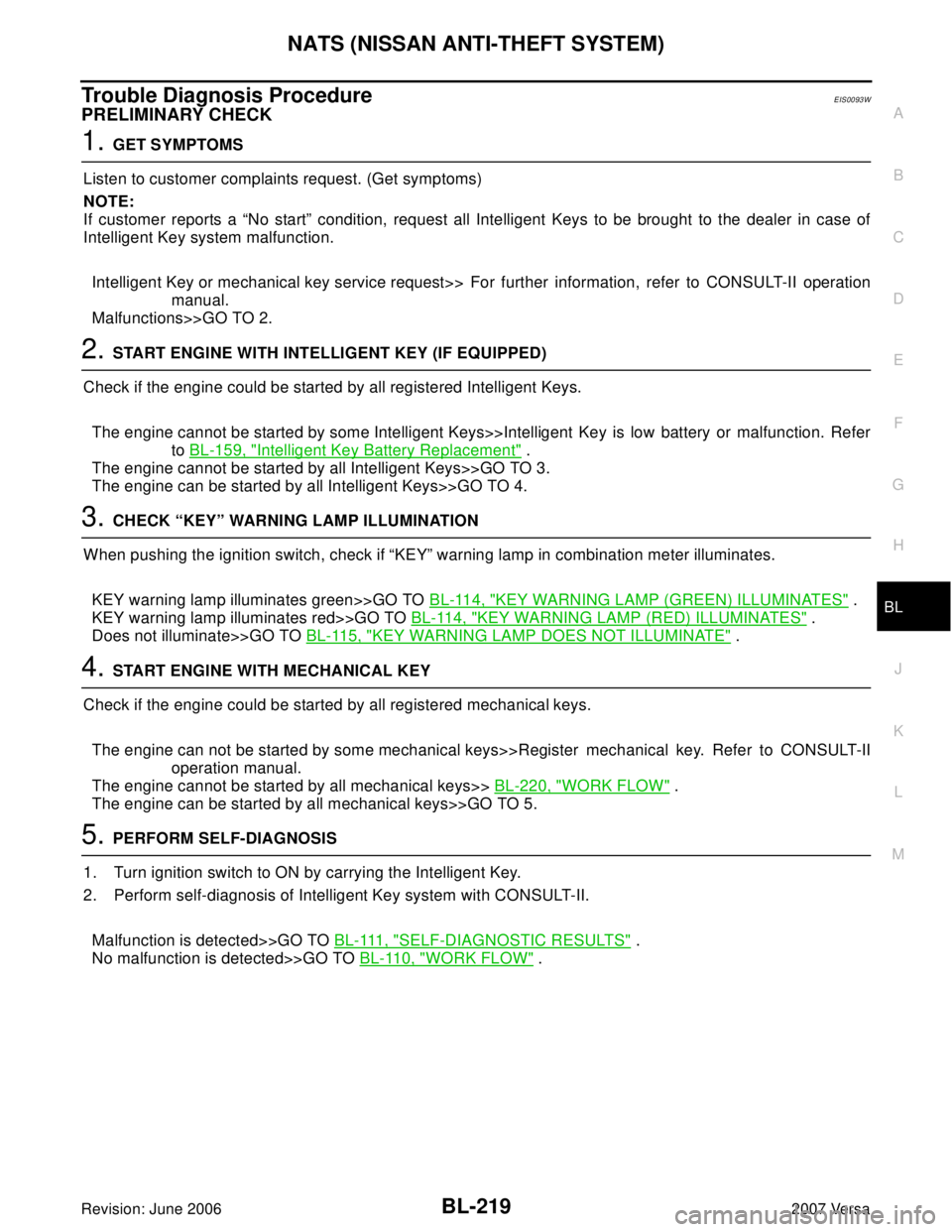 NISSAN VERSA 2006  Workshop  Service Repair Manual NATS (NISSAN ANTI-THEFT SYSTEM)
BL-219
C
D
E
F
G
H
J
K
L
MA
B
BL
Revision: June 20062007 Versa
Trouble Diagnosis ProcedureEIS0093W
PRELIMINARY CHECK
1. GET SYMPTOMS
Listen to customer complaints reque