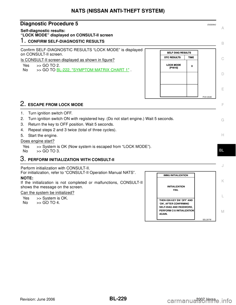 NISSAN VERSA 2006  Workshop  Service Repair Manual NATS (NISSAN ANTI-THEFT SYSTEM)
BL-229
C
D
E
F
G
H
J
K
L
MA
B
BL
Revision: June 20062007 Versa
Diagnostic Procedure 5EIS00942
Self-diagnostic results:
“LOCK MODE” displayed on CONSULT-II screen
1.