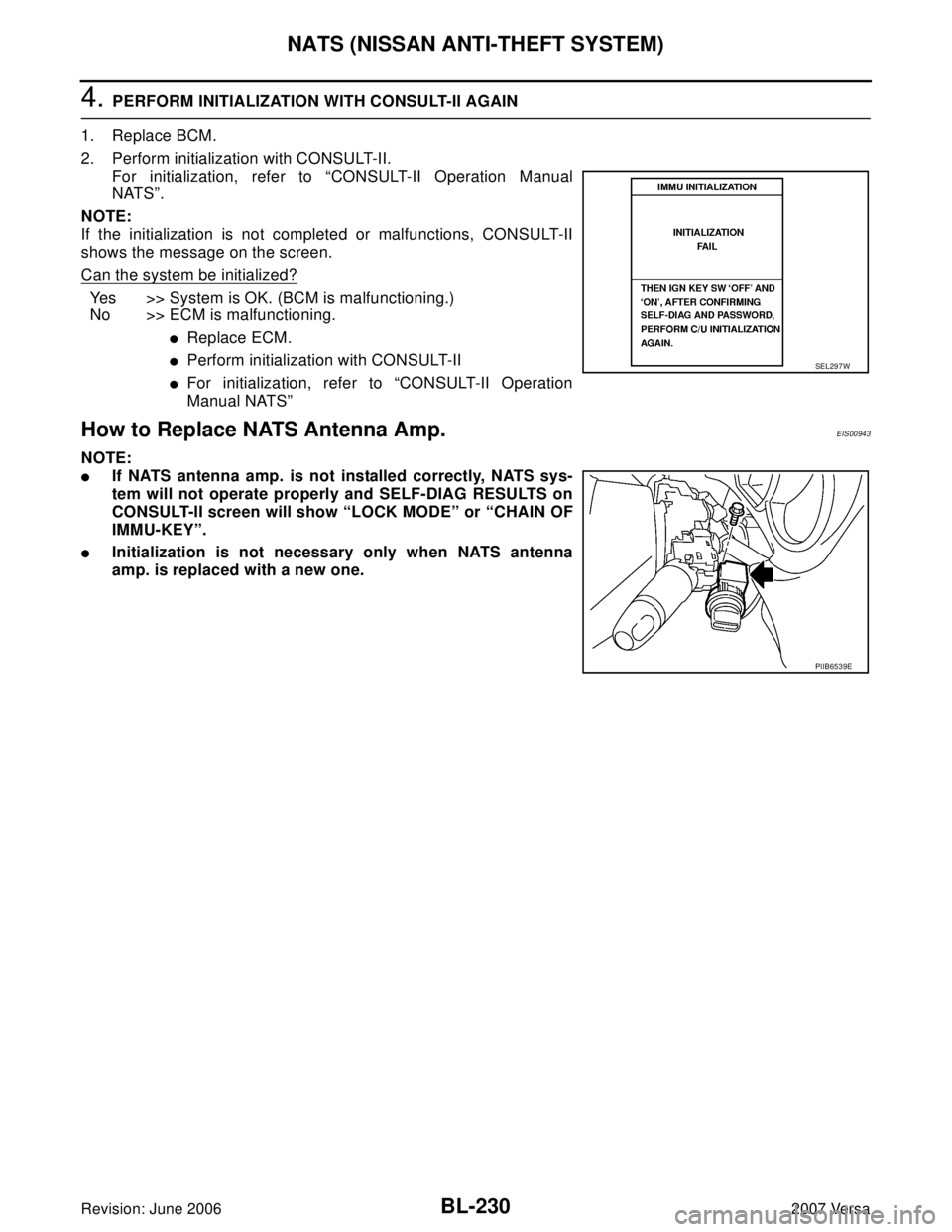 NISSAN VERSA 2006  Workshop  Service Repair Manual BL-230
NATS (NISSAN ANTI-THEFT SYSTEM)
Revision: June 20062007 Versa
4. PERFORM INITIALIZATION WITH CONSULT-II AGAIN
1. Replace BCM.
2. Perform initialization with CONSULT-II.
For initialization, refe