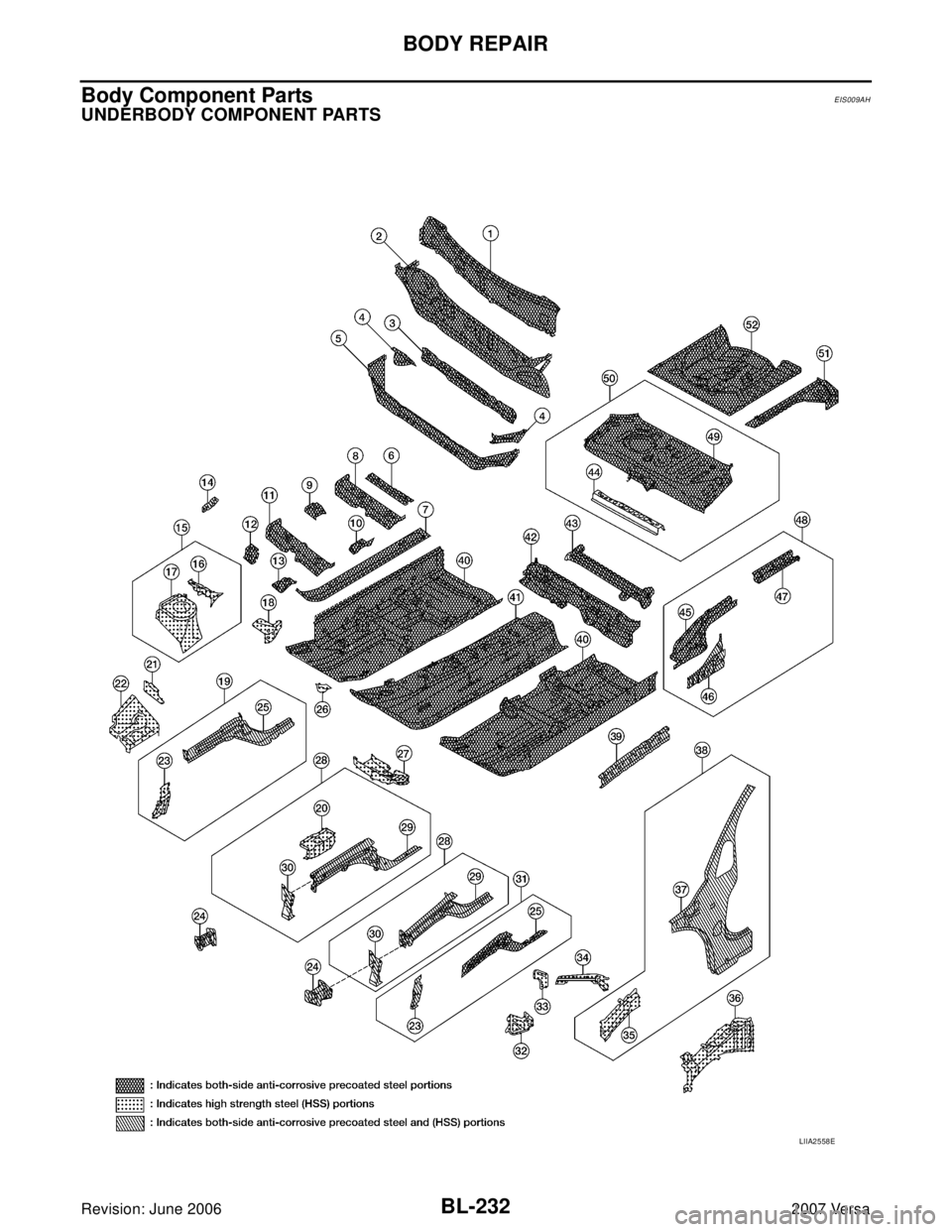 NISSAN VERSA 2006  Workshop  Service Repair Manual BL-232
BODY REPAIR
Revision: June 20062007 Versa
Body Component PartsEIS009AH
UNDERBODY COMPONENT PARTS 
LIIA2558E 