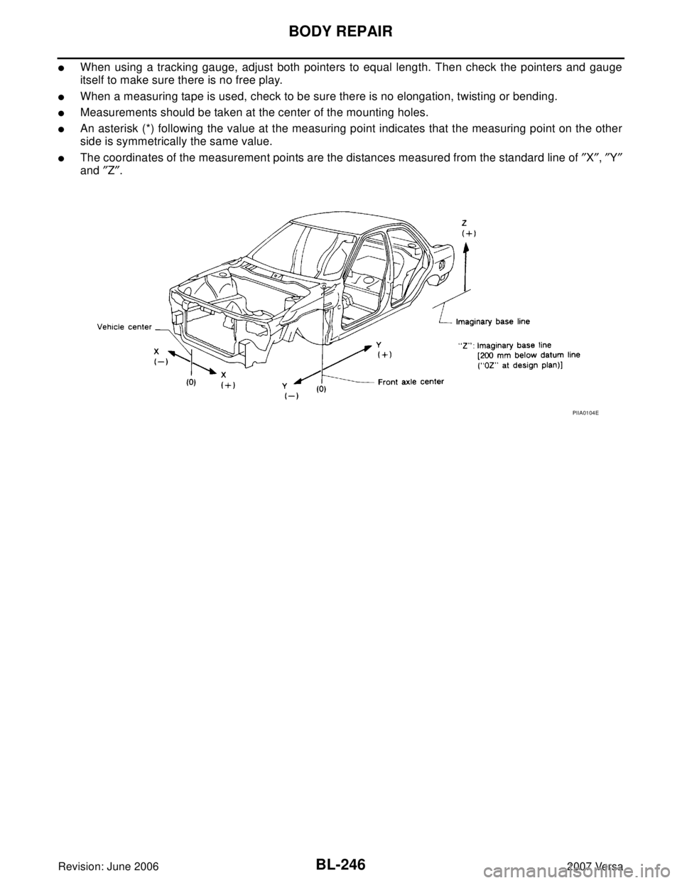 NISSAN VERSA 2006  Workshop  Service Repair Manual BL-246
BODY REPAIR
Revision: June 20062007 Versa
When using a tracking gauge, adjust both pointers to equal length. Then check the pointers and gauge
itself to make sure there is no free play.
When 