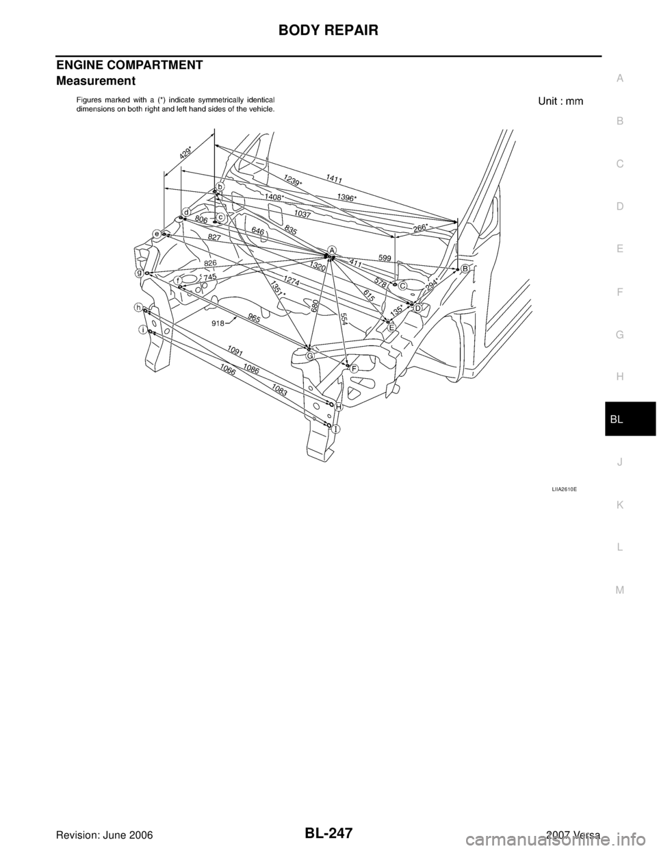 NISSAN VERSA 2006  Workshop  Service Repair Manual BODY REPAIR
BL-247
C
D
E
F
G
H
J
K
L
MA
B
BL
Revision: June 20062007 Versa
ENGINE COMPARTMENT
Measurement
LIIA2610E 