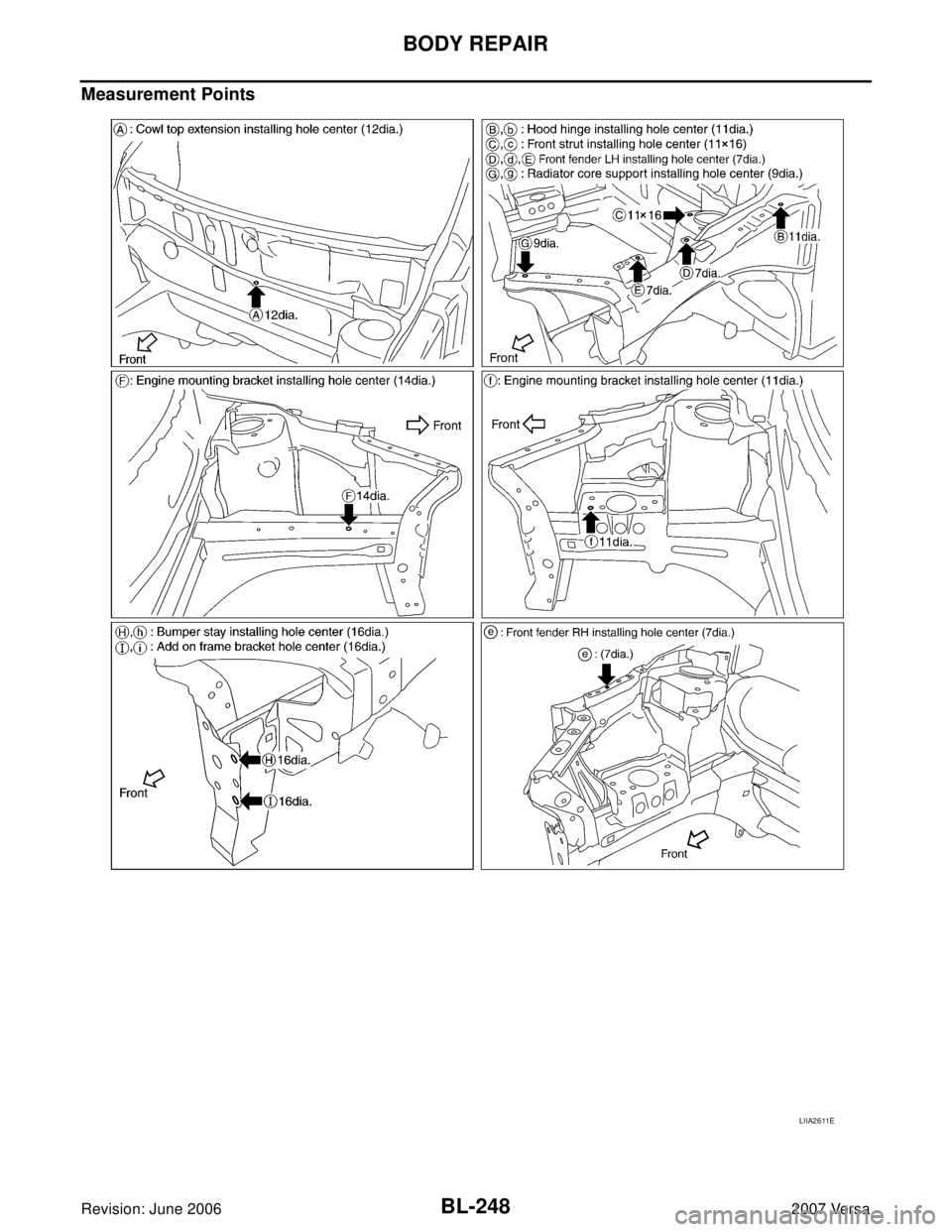 NISSAN VERSA 2006  Workshop  Service Repair Manual BL-248
BODY REPAIR
Revision: June 20062007 Versa
Measurement Points
LIIA2611E 