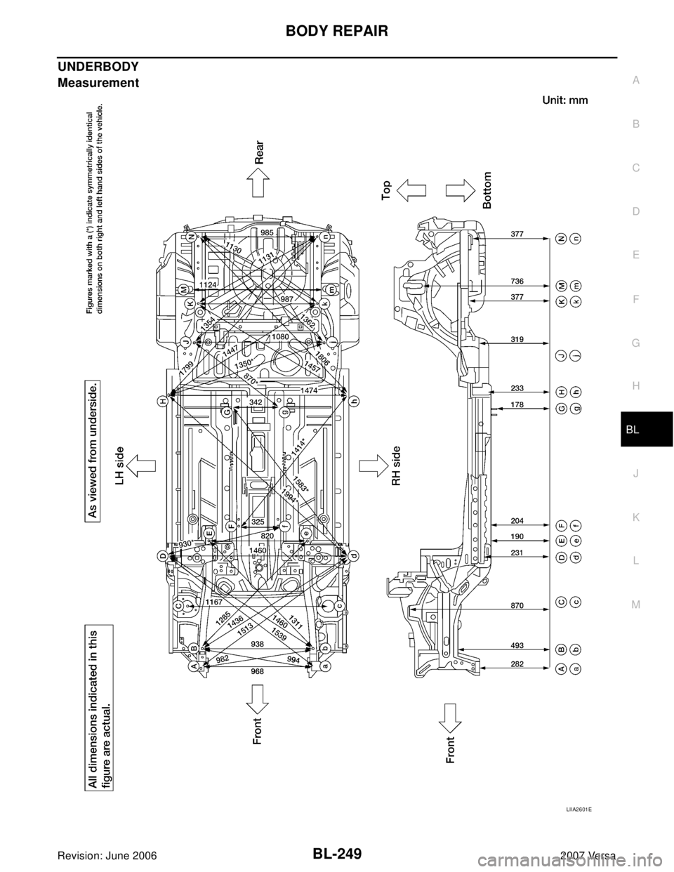NISSAN VERSA 2006  Workshop  Service Repair Manual BODY REPAIR
BL-249
C
D
E
F
G
H
J
K
L
MA
B
BL
Revision: June 20062007 Versa
UNDERBODY
Measurement
LIIA2601E 