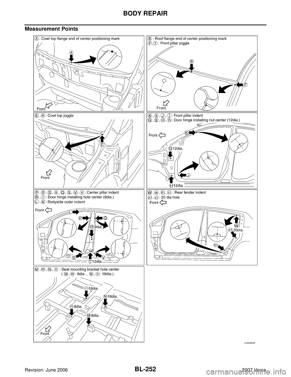 NISSAN VERSA 2006  Workshop  Service Repair Manual BL-252
BODY REPAIR
Revision: June 20062007 Versa
Measurement Points
LIIA2604E 