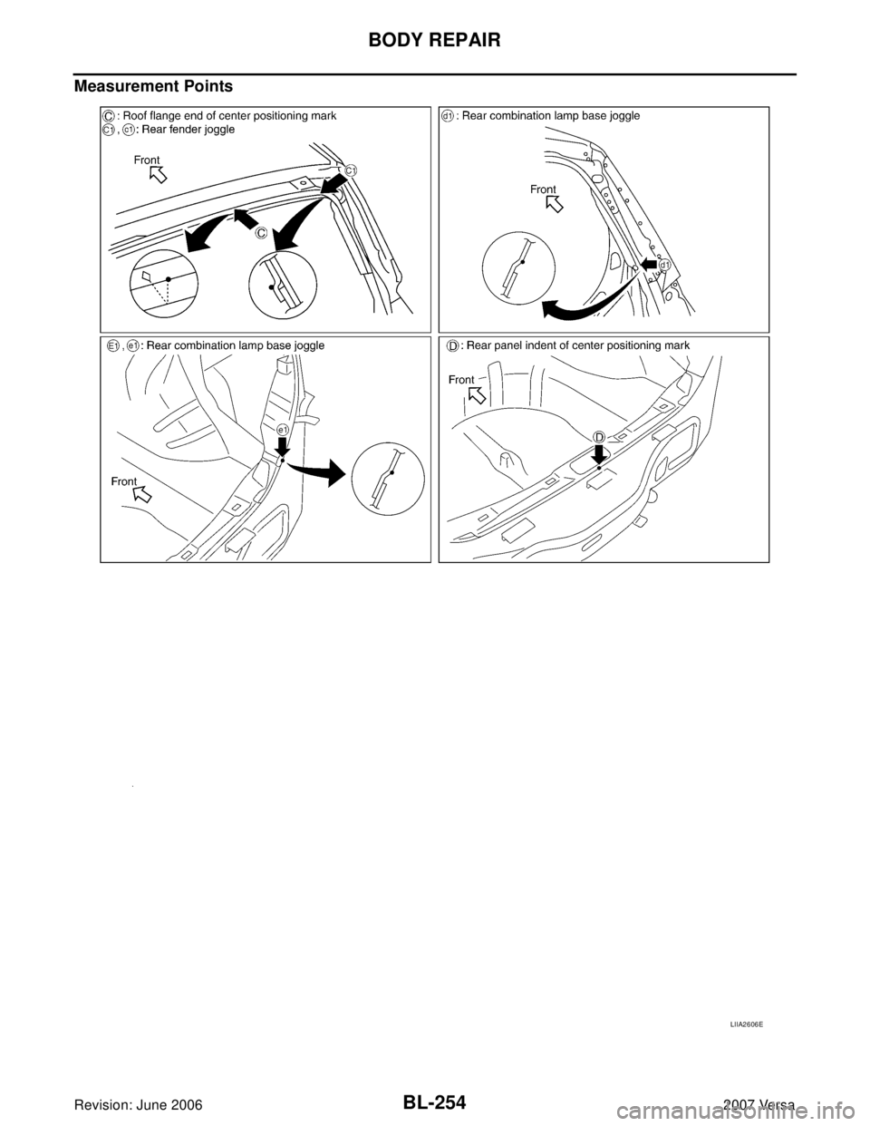 NISSAN VERSA 2006  Workshop  Service Repair Manual BL-254
BODY REPAIR
Revision: June 20062007 Versa
Measurement Points
LIIA2606E 