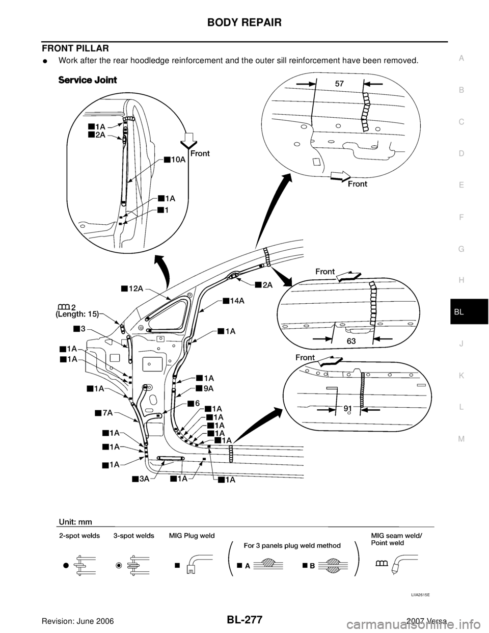 NISSAN VERSA 2006  Workshop  Service Repair Manual BODY REPAIR
BL-277
C
D
E
F
G
H
J
K
L
MA
B
BL
Revision: June 20062007 Versa
FRONT PILLAR
Work after the rear hoodledge reinforcement and the outer sill reinforcement have been removed.
LIIA2615E 