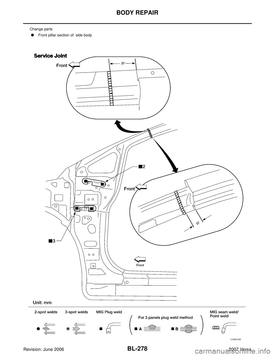 NISSAN VERSA 2006  Workshop  Service Repair Manual BL-278
BODY REPAIR
Revision: June 20062007 Versa
Change parts
Front pillar section of  side body
LIIA2616E 