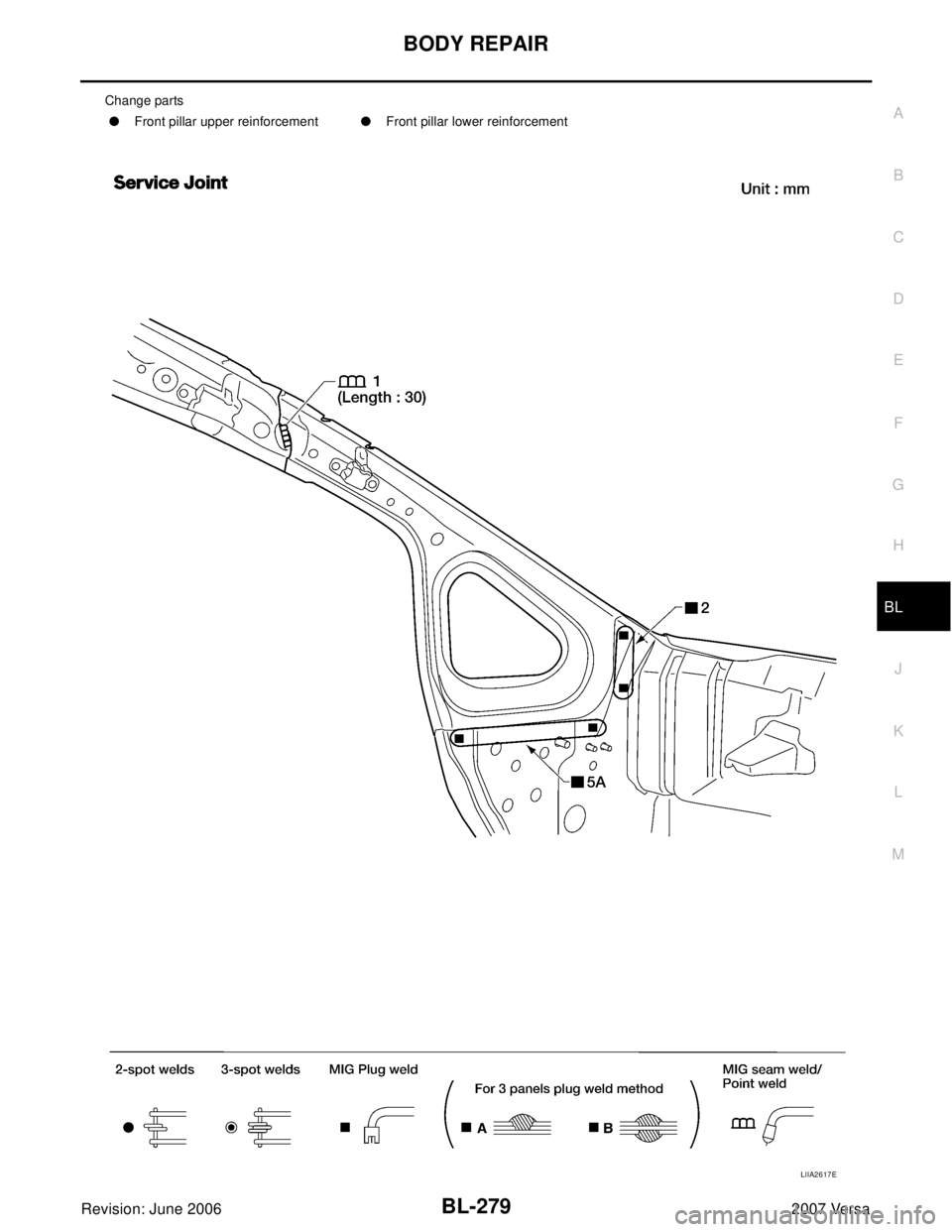 NISSAN VERSA 2006  Workshop  Service Repair Manual BODY REPAIR
BL-279
C
D
E
F
G
H
J
K
L
MA
B
BL
Revision: June 20062007 Versa
Change parts
Front pillar upper reinforcementFront pillar lower reinforcement
LIIA2617E 