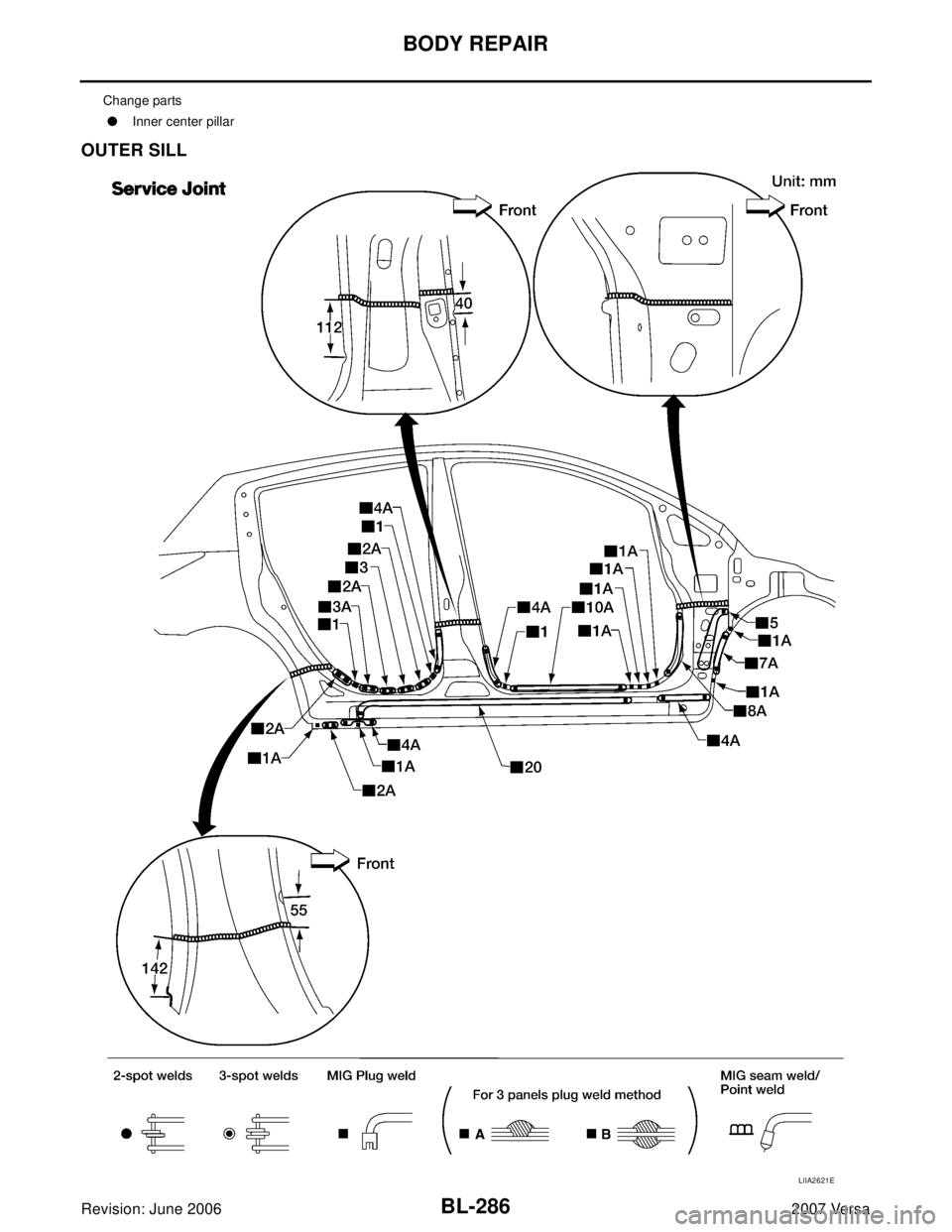 NISSAN VERSA 2006  Workshop  Service Repair Manual BL-286
BODY REPAIR
Revision: June 20062007 Versa
OUTER SILL 
Change parts
Inner center pillar 
LIIA2621E 