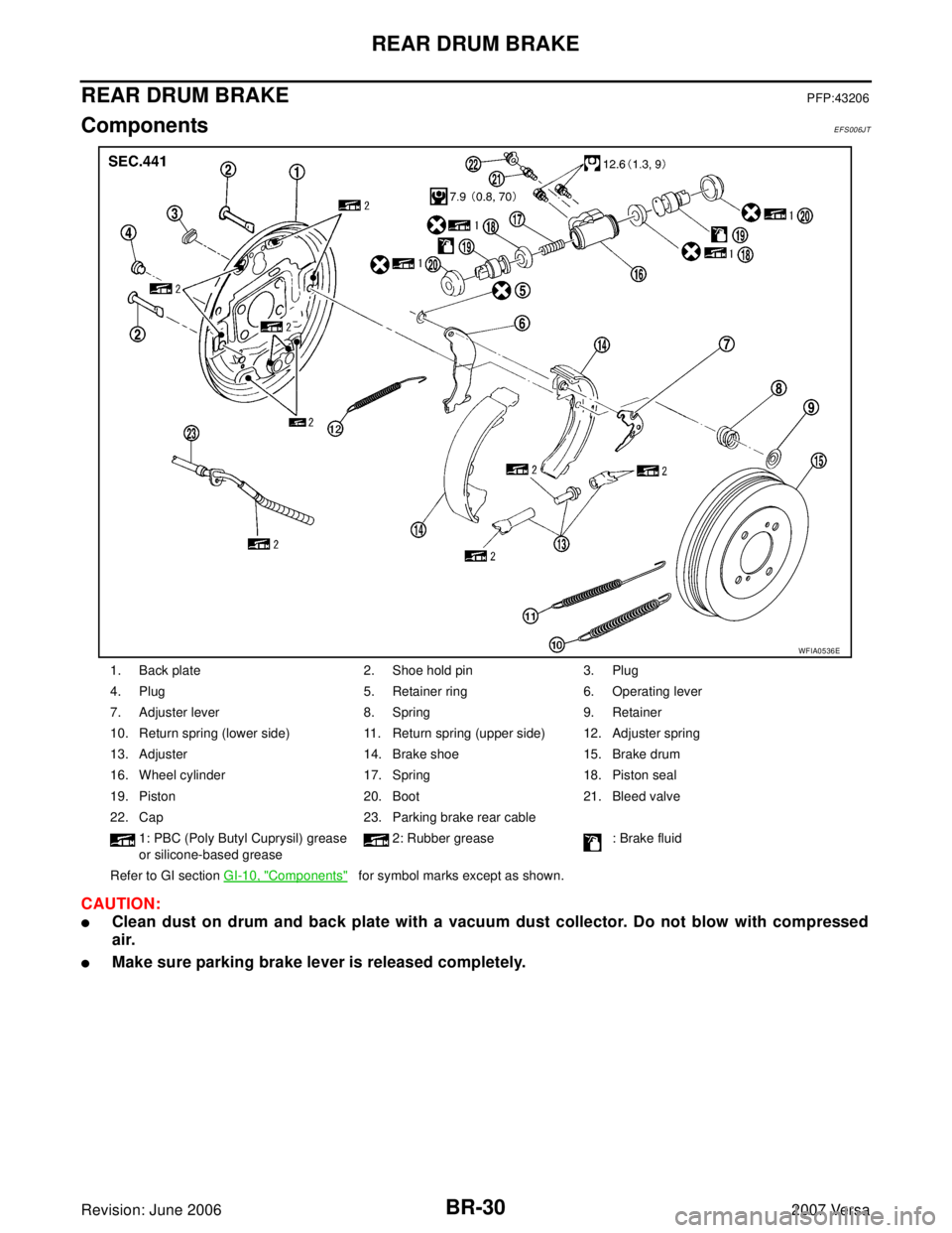 NISSAN VERSA 2006  Workshop  Service Repair Manual BR-30
REAR DRUM BRAKE
Revision: June 20062007 Versa
REAR DRUM BRAKEPFP:43206
ComponentsEFS006JT
CAUTION:
Clean dust on drum and back plate with a vacuum dust collector. Do not blow with compressed
ai