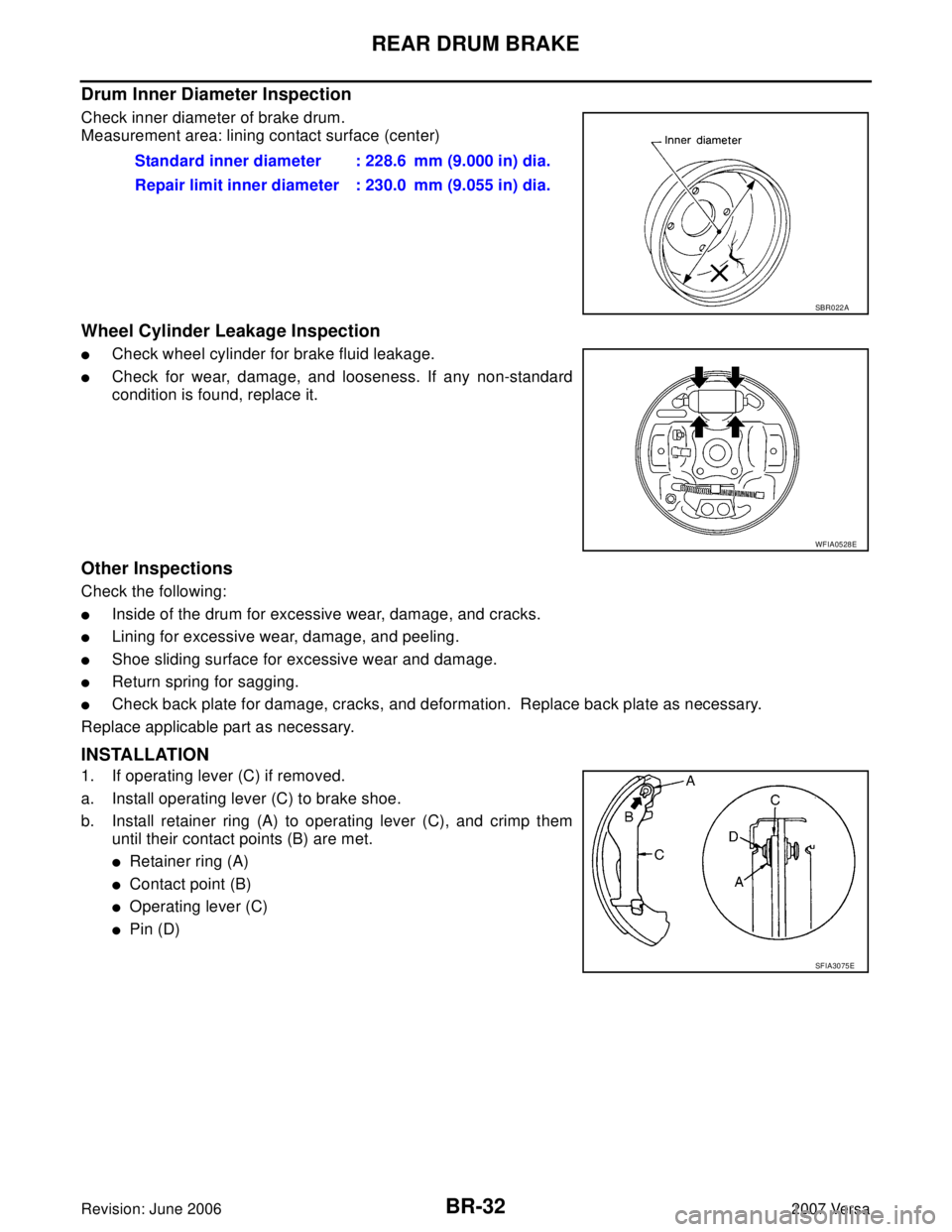 NISSAN VERSA 2006  Workshop  Service Repair Manual BR-32
REAR DRUM BRAKE
Revision: June 20062007 Versa
Drum Inner Diameter Inspection
Check inner diameter of brake drum.
Measurement area: lining contact surface (center)
Wheel Cylinder Leakage Inspecti