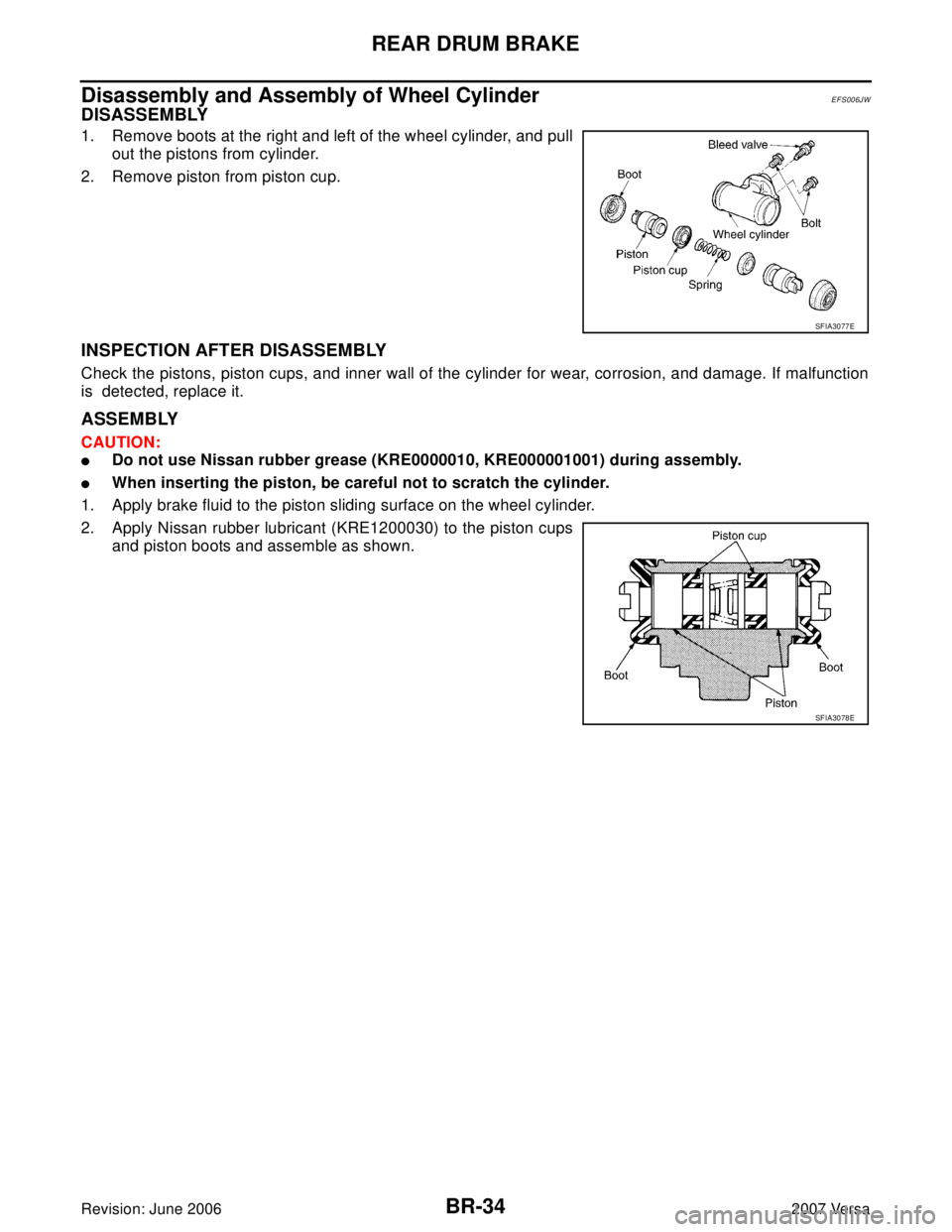 NISSAN VERSA 2006  Workshop  Service Repair Manual BR-34
REAR DRUM BRAKE
Revision: June 20062007 Versa
Disassembly and Assembly of Wheel CylinderEFS006JW
DISASSEMBLY
1. Remove boots at the right and left of the wheel cylinder, and pull
out the pistons