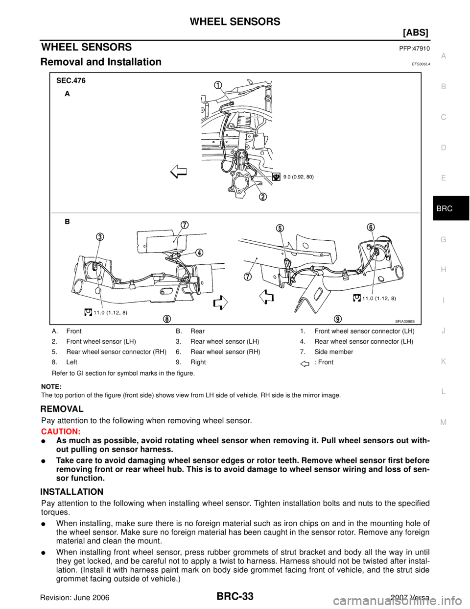 NISSAN VERSA 2006  Workshop  Service Repair Manual WHEEL SENSORS
BRC-33
[ABS]
C
D
E
G
H
I
J
K
L
MA
B
BRC
Revision: June 20062007 Versa
WHEEL SENSORSPFP:47910
Removal and InstallationEFS006L4
NOTE:
The top portion of the figure (front side) shows view 